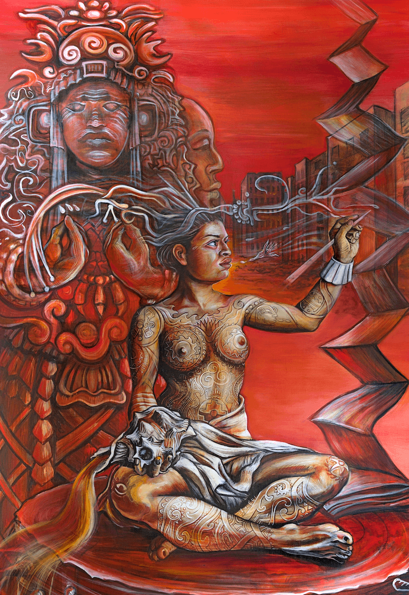 MAYAN SCRIBE, detail of Stanford’s El Centro Chicano murals, 45”x 65” approximately, digital print and acrylic paint on canvas Juana Alicia ©2012