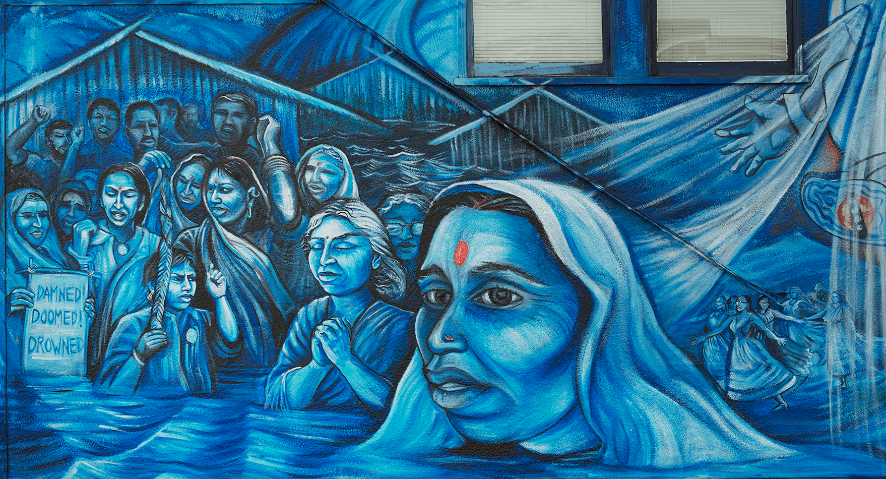LA LLORONA’S SACRED WATERS, Detail of Narmada River struggle, acrylic mural on stucco, 30’ x 70’. York and 24th Streets, San Francisco Mission District, Juana Alicia ©2004.
