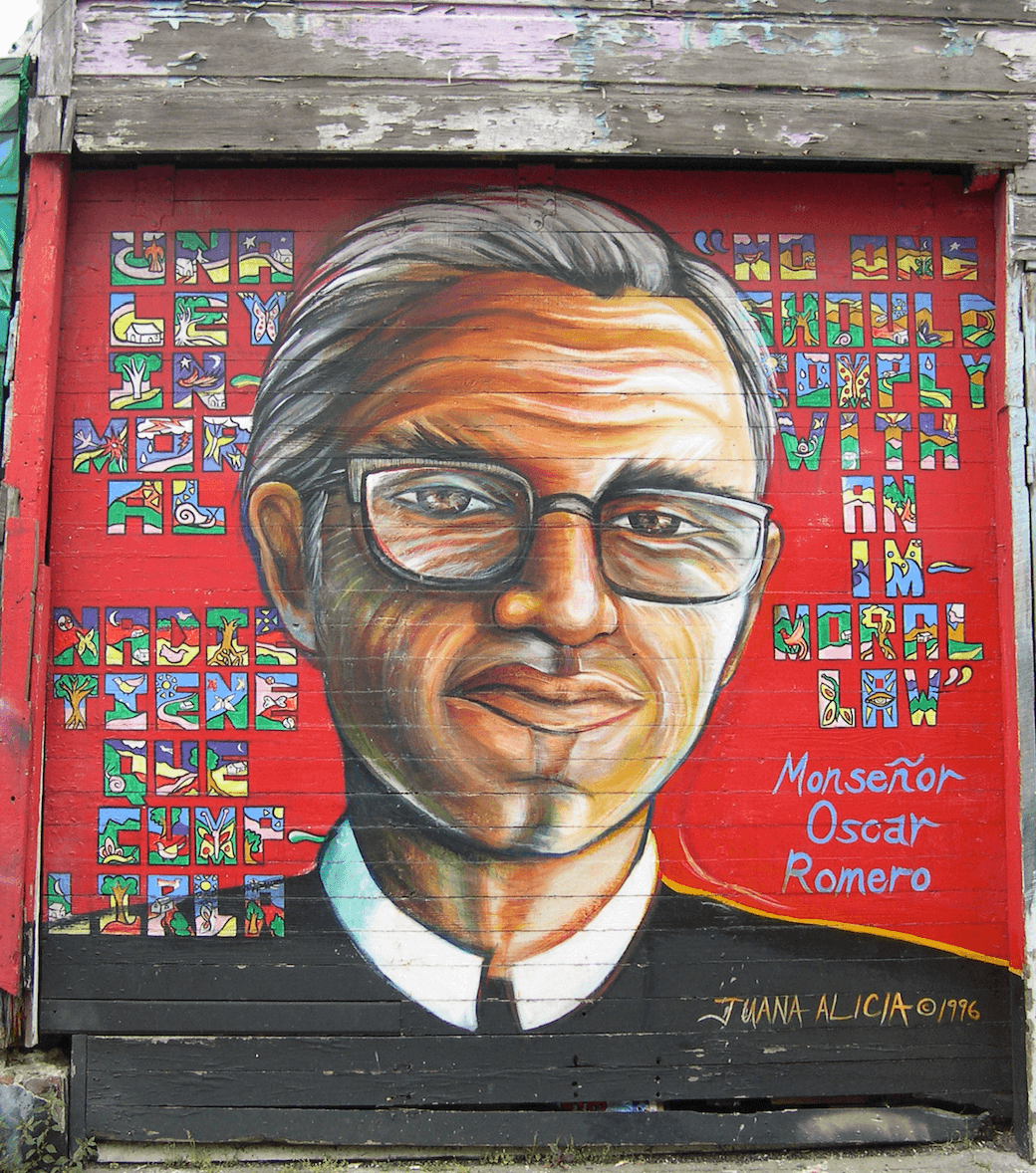 NO ONE SHOULD OBEY AN IMMORAL LAW, Homage to Monsignor Oscar Romero, 10’ x 12’, Acrylic mural on wooden garage door, Balmy Alley. Juana Alicia ©1996