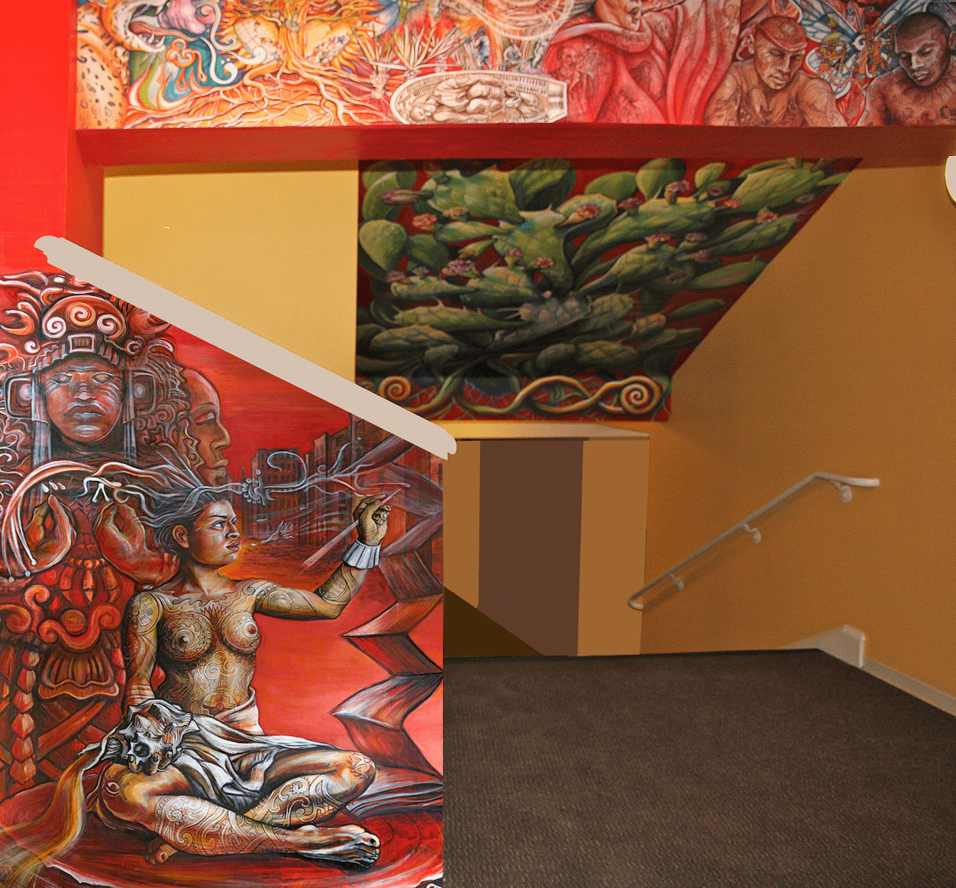 MAYAN SCRIBE, Stanford’s El Centro Chicano murals, 45”x 65” approximately, digital print and acrylic paint on canvas Juana Alicia ©2012