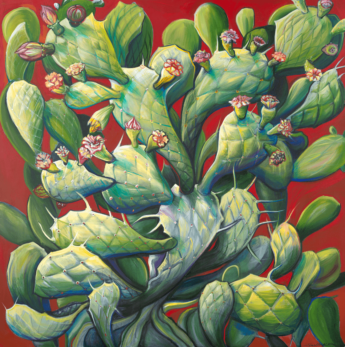 NOPAL DE RESISTENCIA (ceiling), detail of Stanford’s El Centro Chicano murals 9’ x 15’, digital print and acrylic paint on canvas, Juana Alicia ©2012