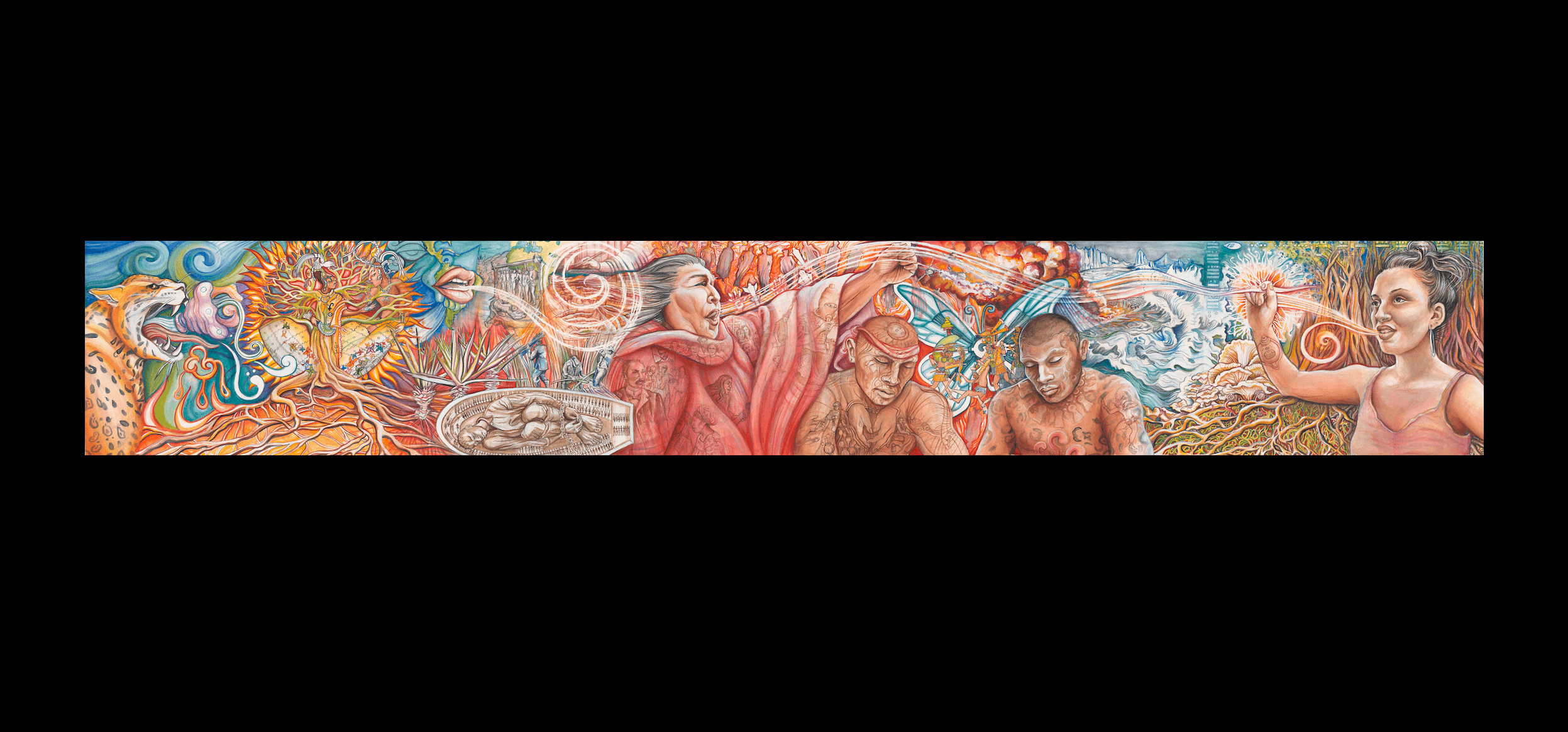 THE SPIRAL WORD: EL CODEX ESTANFOR, watercolor and digital print, detail of Stanford’s El Centro Chicano murals, 18.5” x 125”, with border 11’1” x 24”, Juana Alicia ©2012