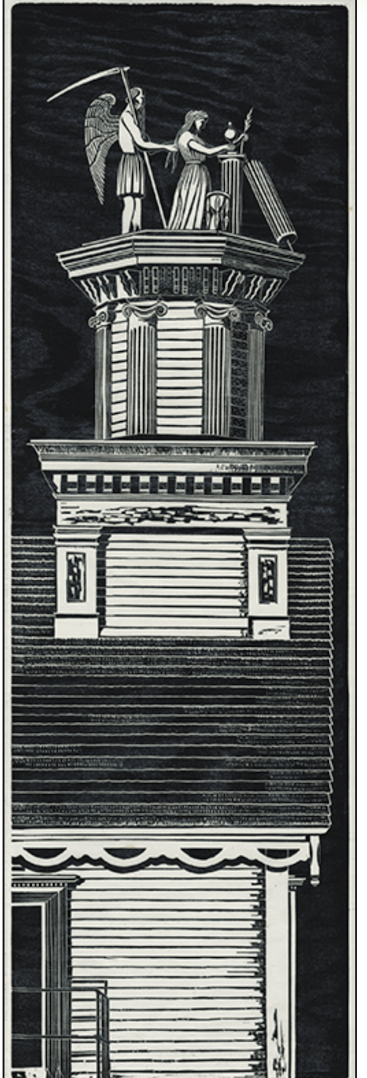 Emmy Lou Packard, Masonic Temple, 1960, linoleum/woodcut, 21.5”X9”