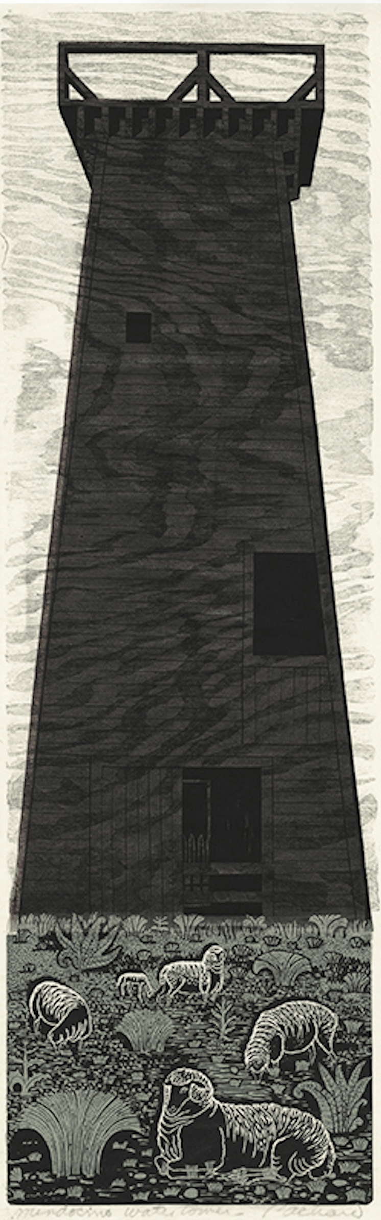 Emmy Lou Packard, Mendocino Water Tower, 1960, linoleum/woodcut, 37”X11”