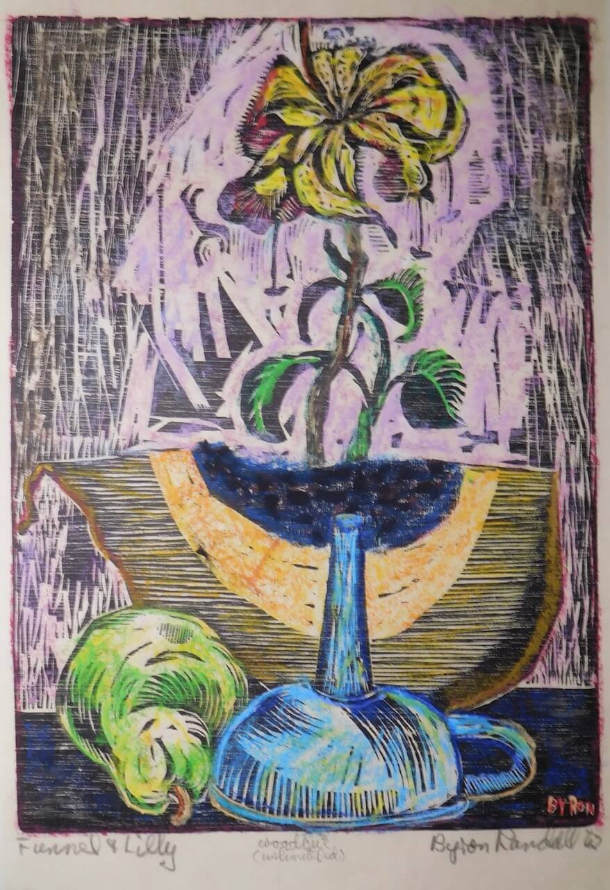 Byron Randall, Funnel and Lily, 1962, woodcut/crayon hand-coloring