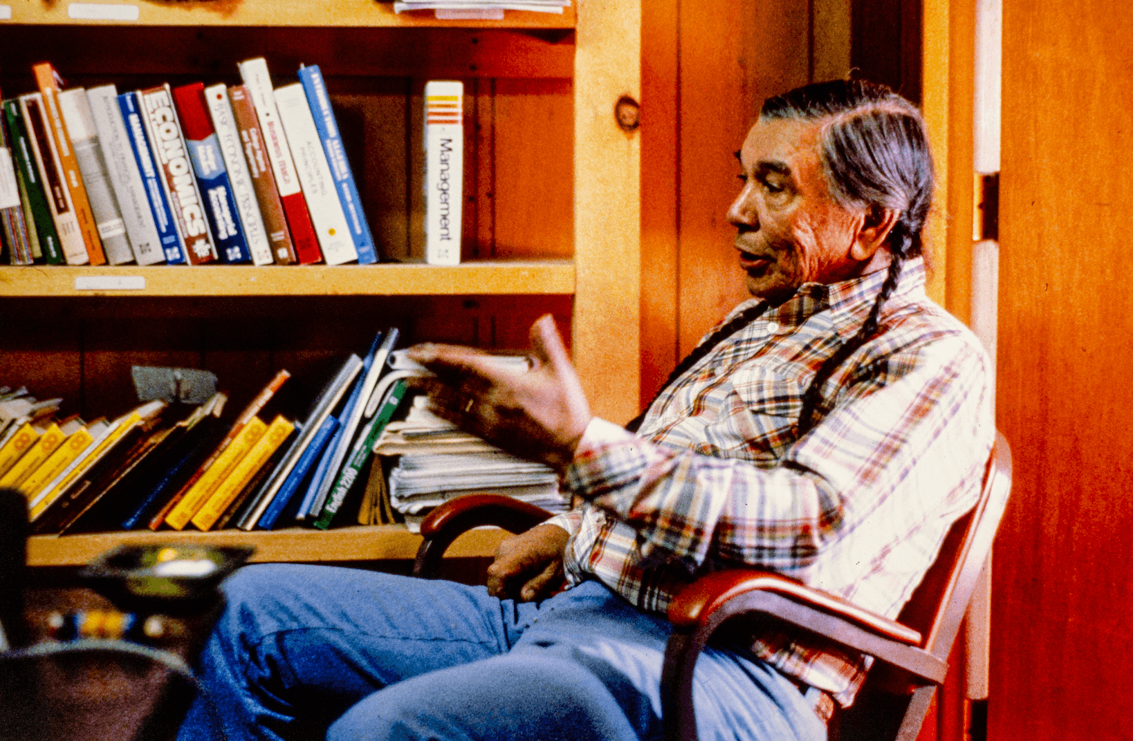  Portrait of Carl Whitman Jr. (Cannupa Hanska Luger’s grandfather), date unknown, still from  A/V Presentation: Past, Present + Future of FB Res , 2025, digitized slides and audio from the Whitman Family Archive and archival images. Image courtesy of