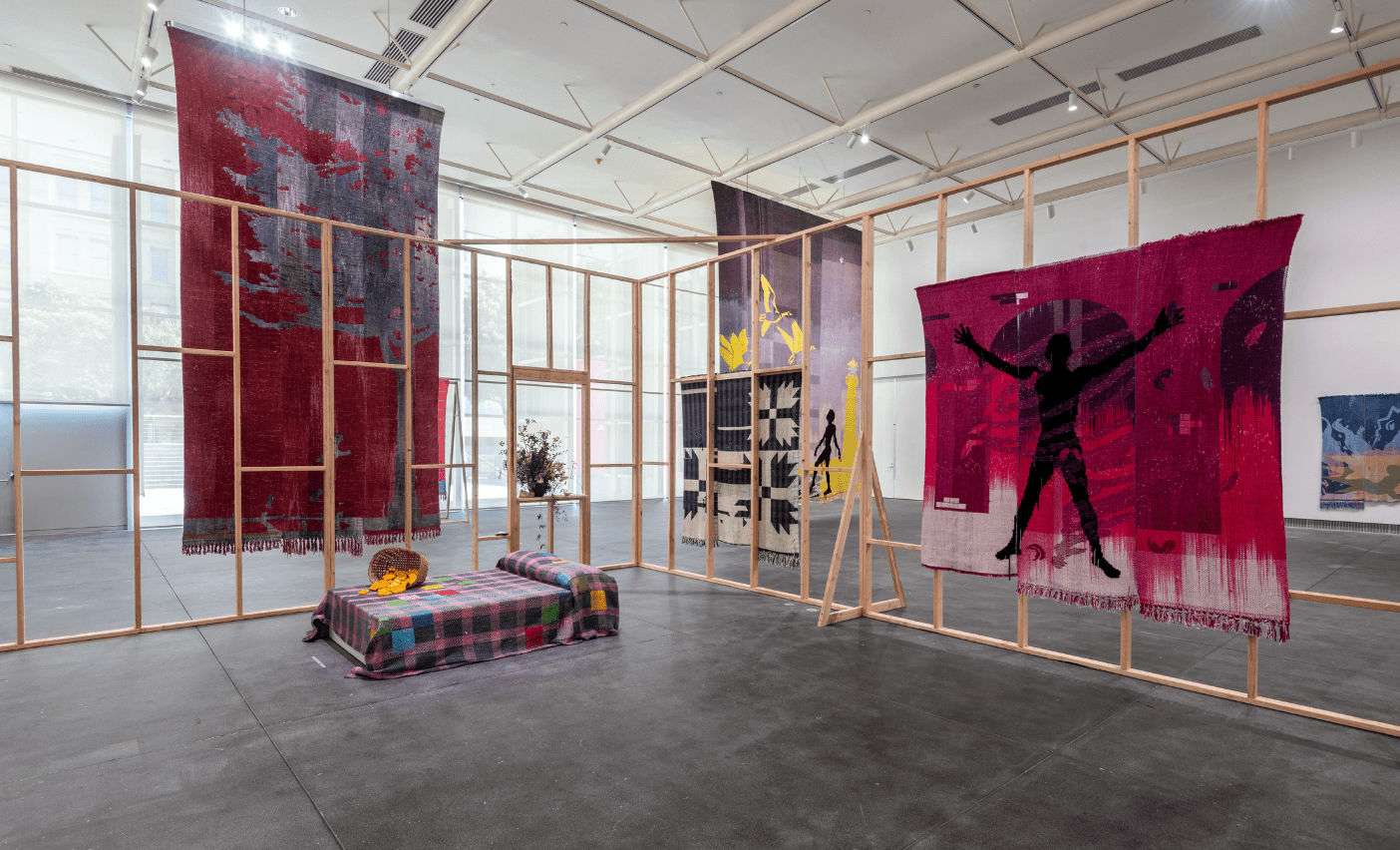Diedrick Brackens, through the unburnt and blameless, 2020, woven cotton and acrylic yarn, 98 x 96 in., Collection of Christopher M. Brant&nbsp;