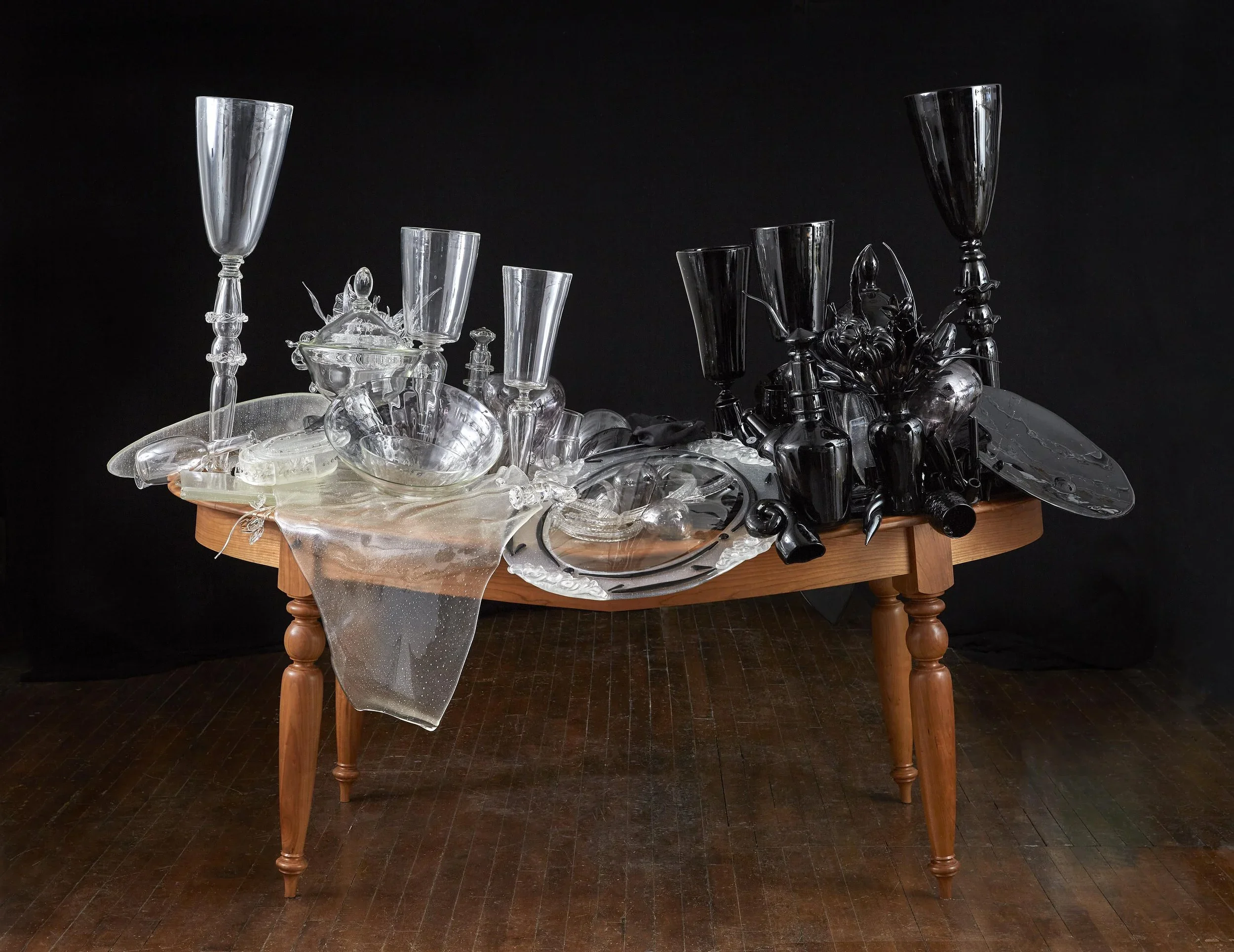 2023, 66” (168 cm) x 86” (218 cm) x 56” (142 cm), glass, wood, metal, fabric, adhesive, photo credit: Rich Maciejewski