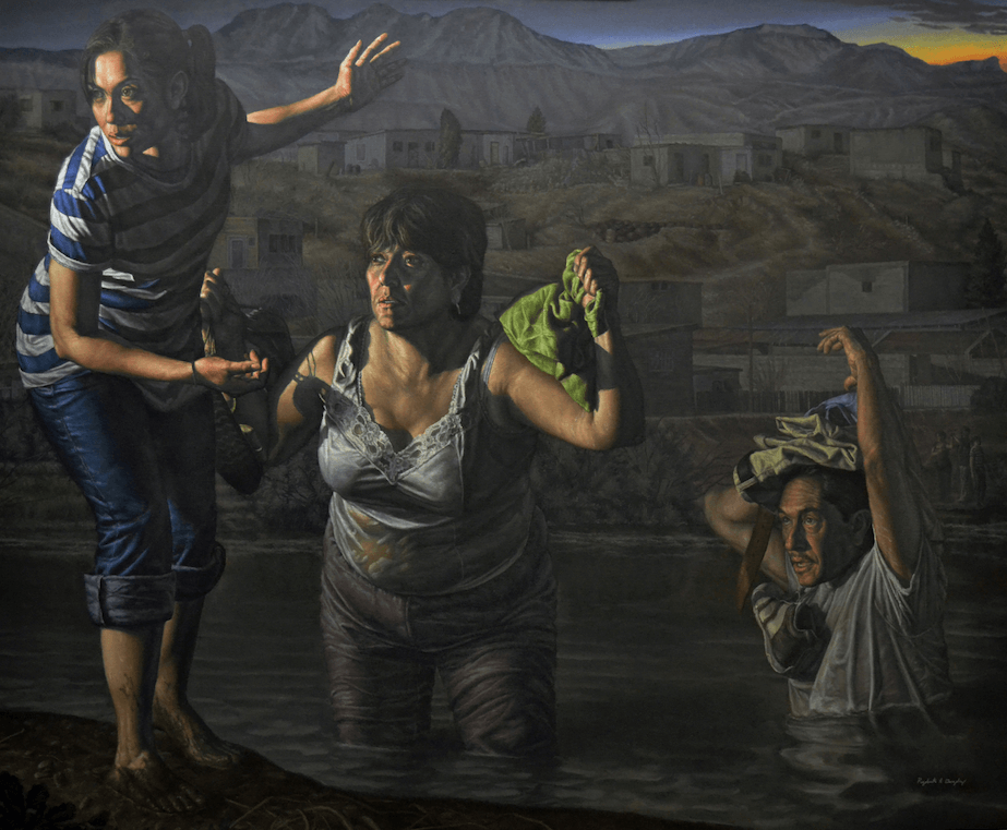 Family making an illegal border crossing art