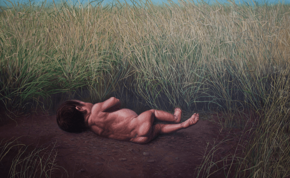 Painting of a baby in the desert alone with grass in background