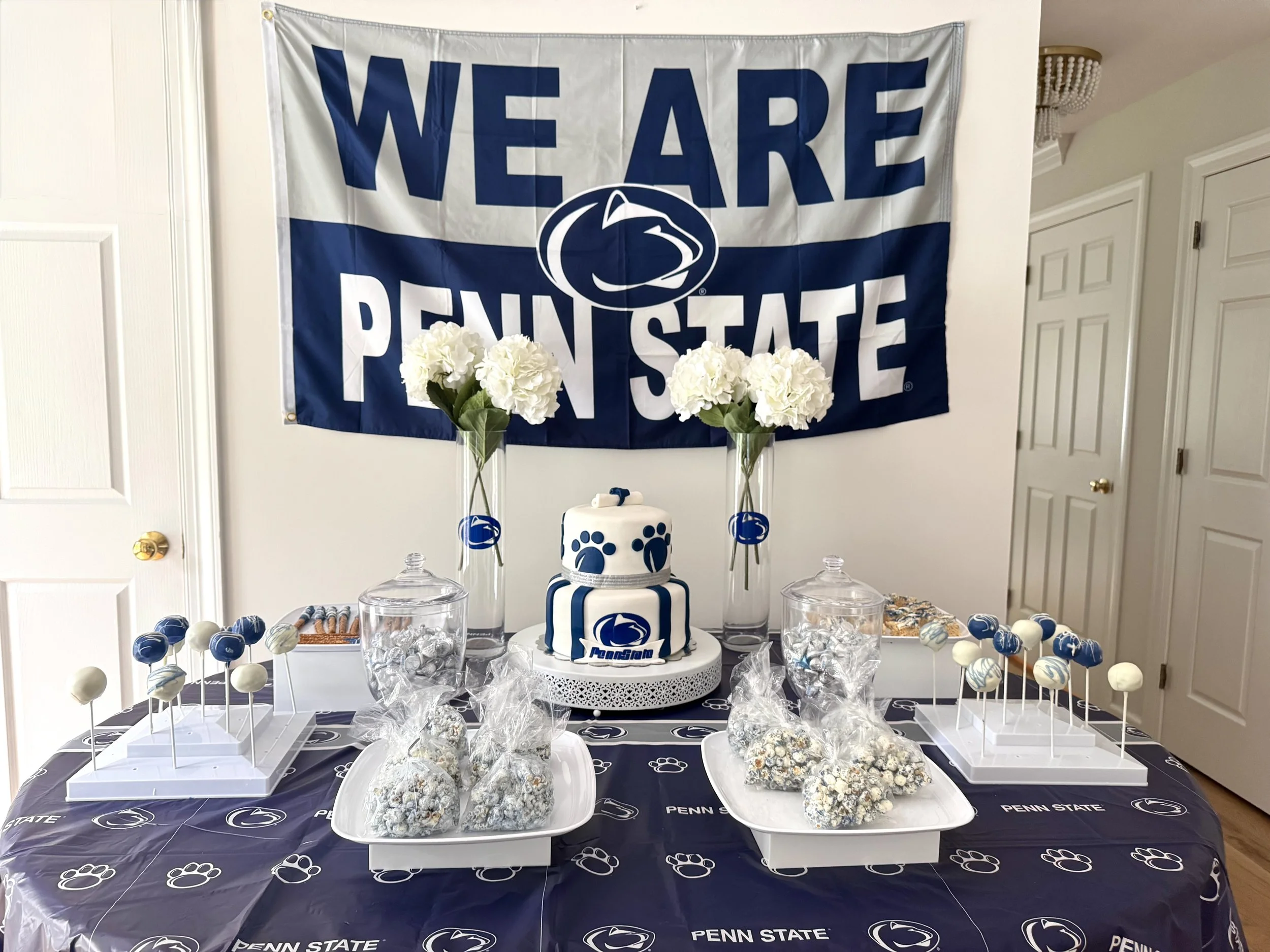 High school graduation celebration with a themed cake and custom treats table inspired by the graduate’s future college