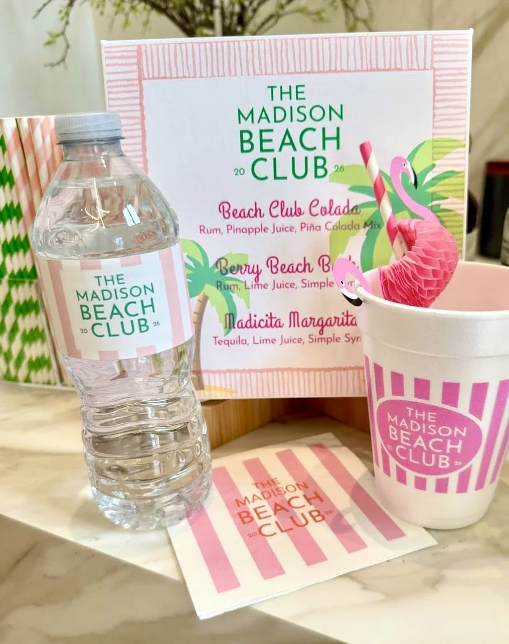 Birthday party beach club theme bar sign with custom napkins, cups and water bottles in NJ