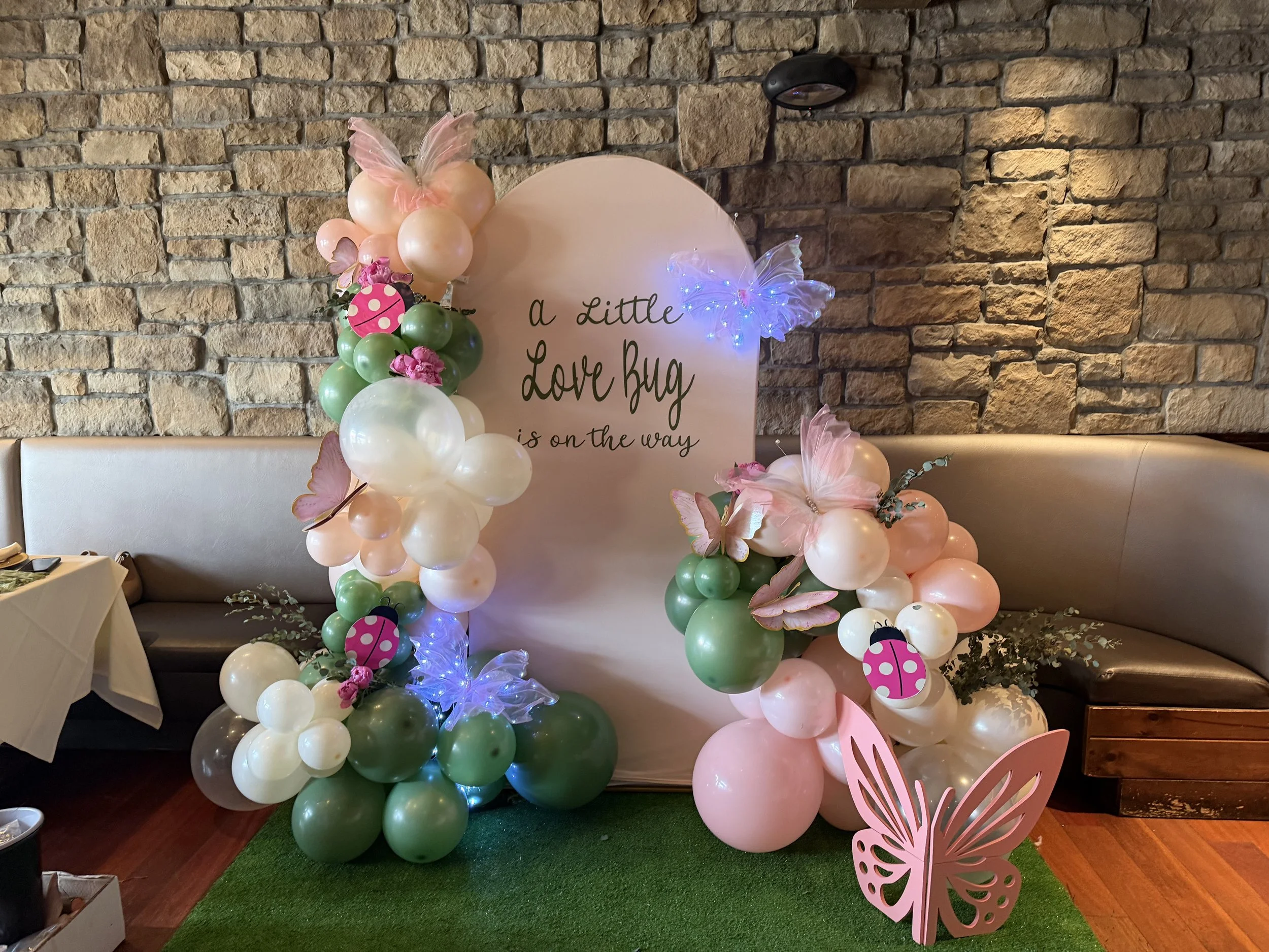 Love Bug Theme Baby Shower BAckdrop with Balloons and Butterflies