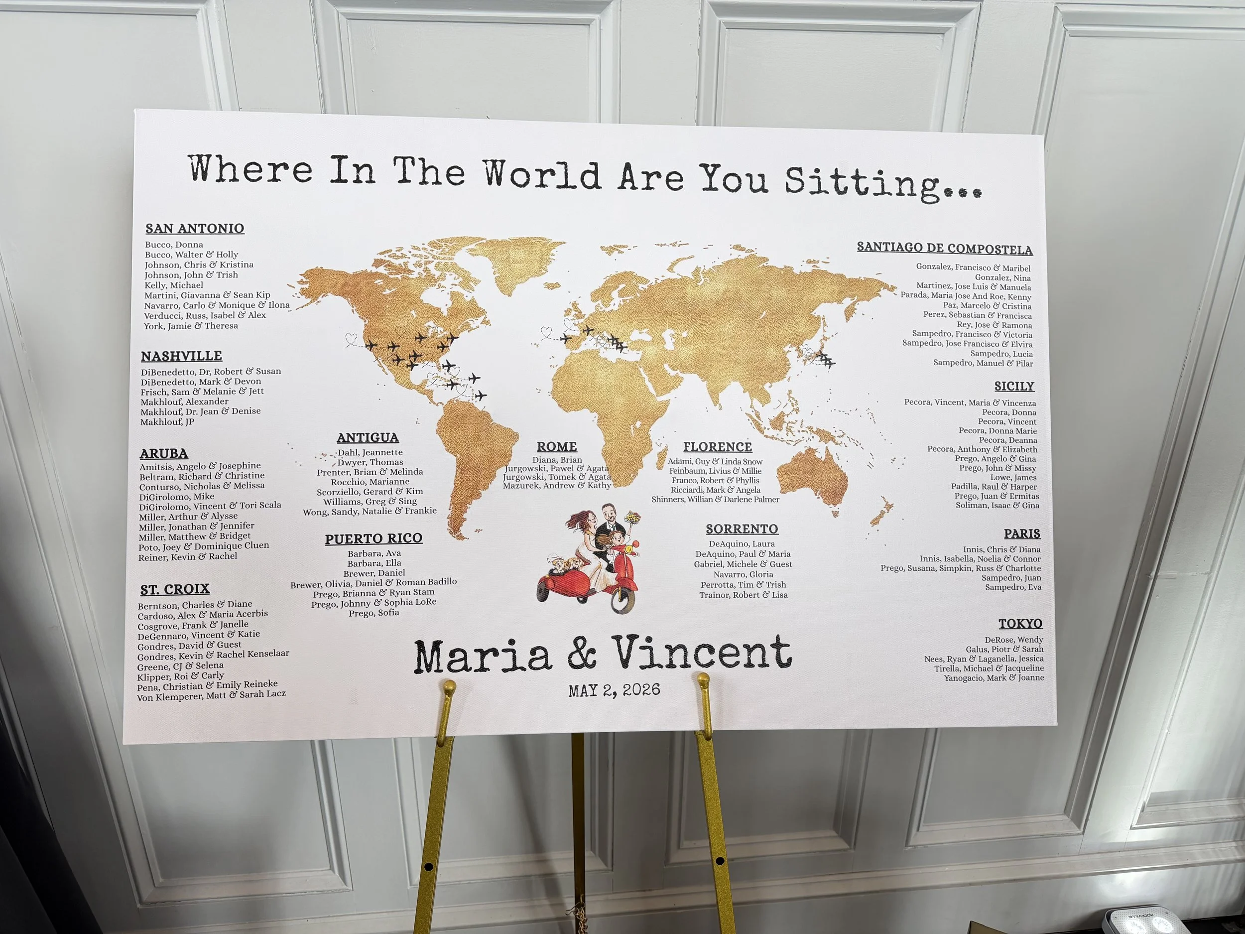 A large world map on a white background with the title 'Where In The World Are You Sitting...' and a list of names under various city locations. The names are divided into sections for cities like San Antonio, Nashville, Antigua, Aruba, St. Croix, Pu