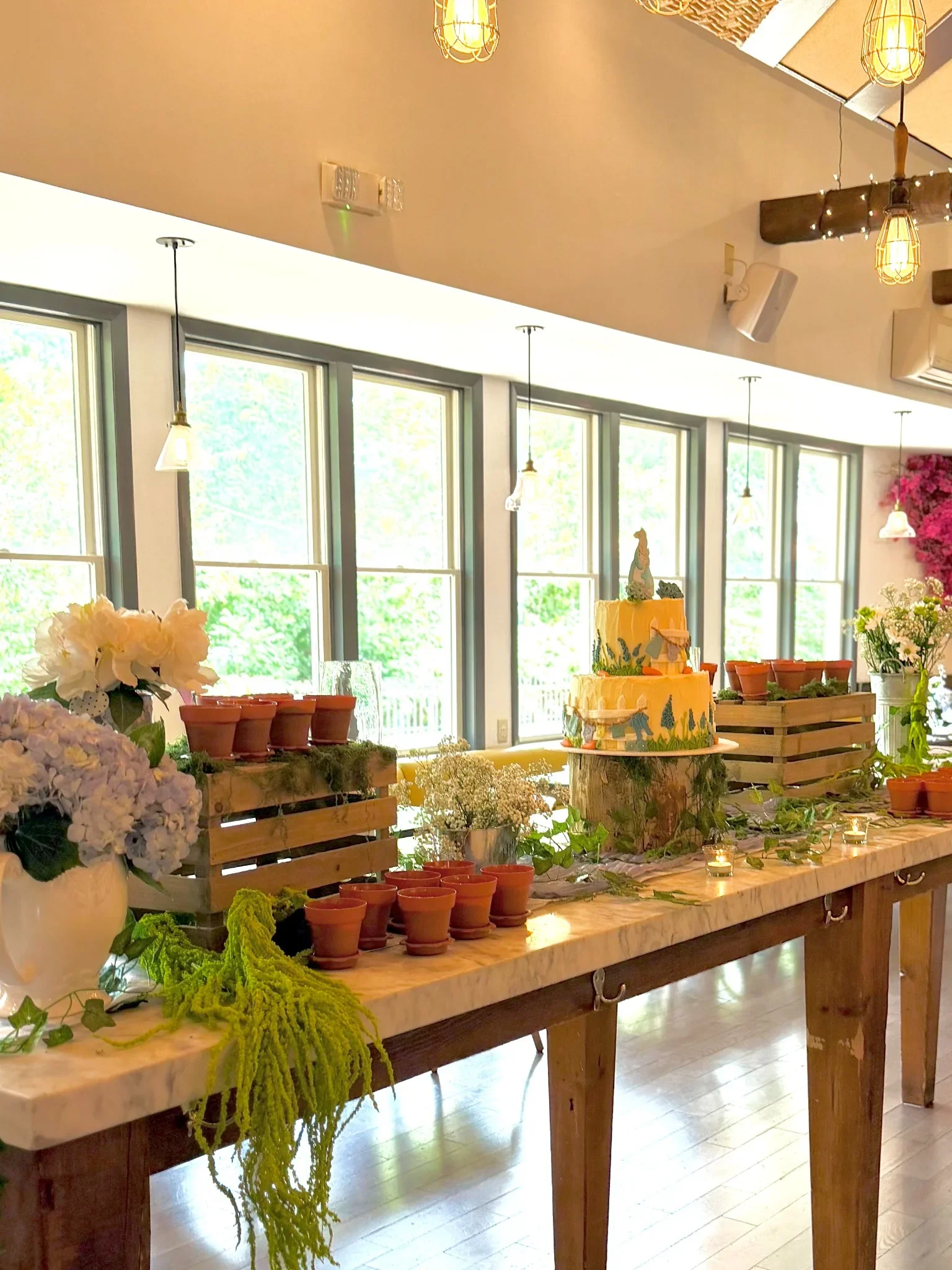 A decorated event space with a wooden table holding a colorful cake, potted plants, flowers, candles, and decorative items, set in front of large windows with greenery outside, and warm hanging lights overhead.