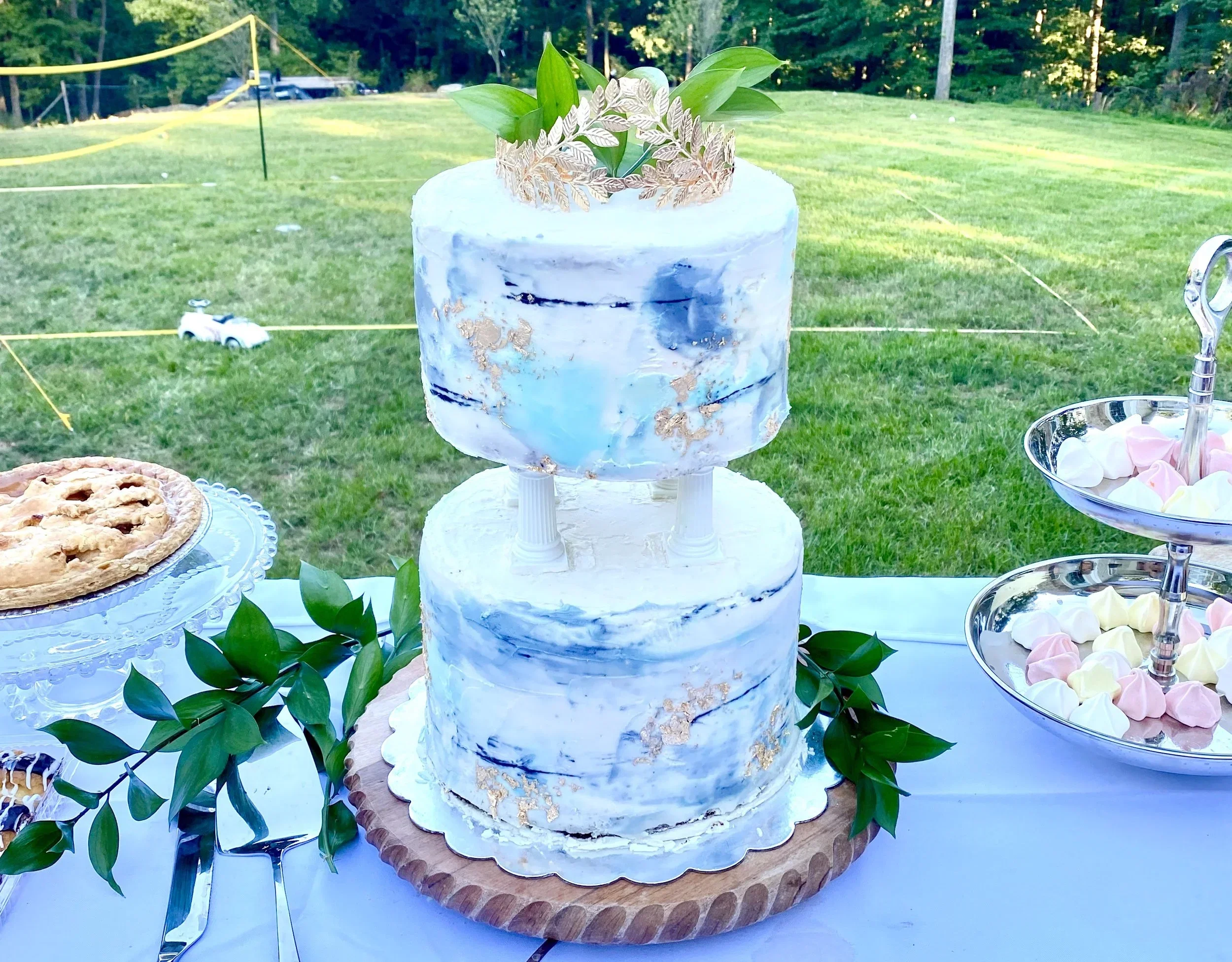 A two-tiered marble cake with a sprig of green leaves on top, placed on a wooden cake board, with other desserts and decorations visible around it outdoors in a grassy area with trees and a volleyball net in the background.