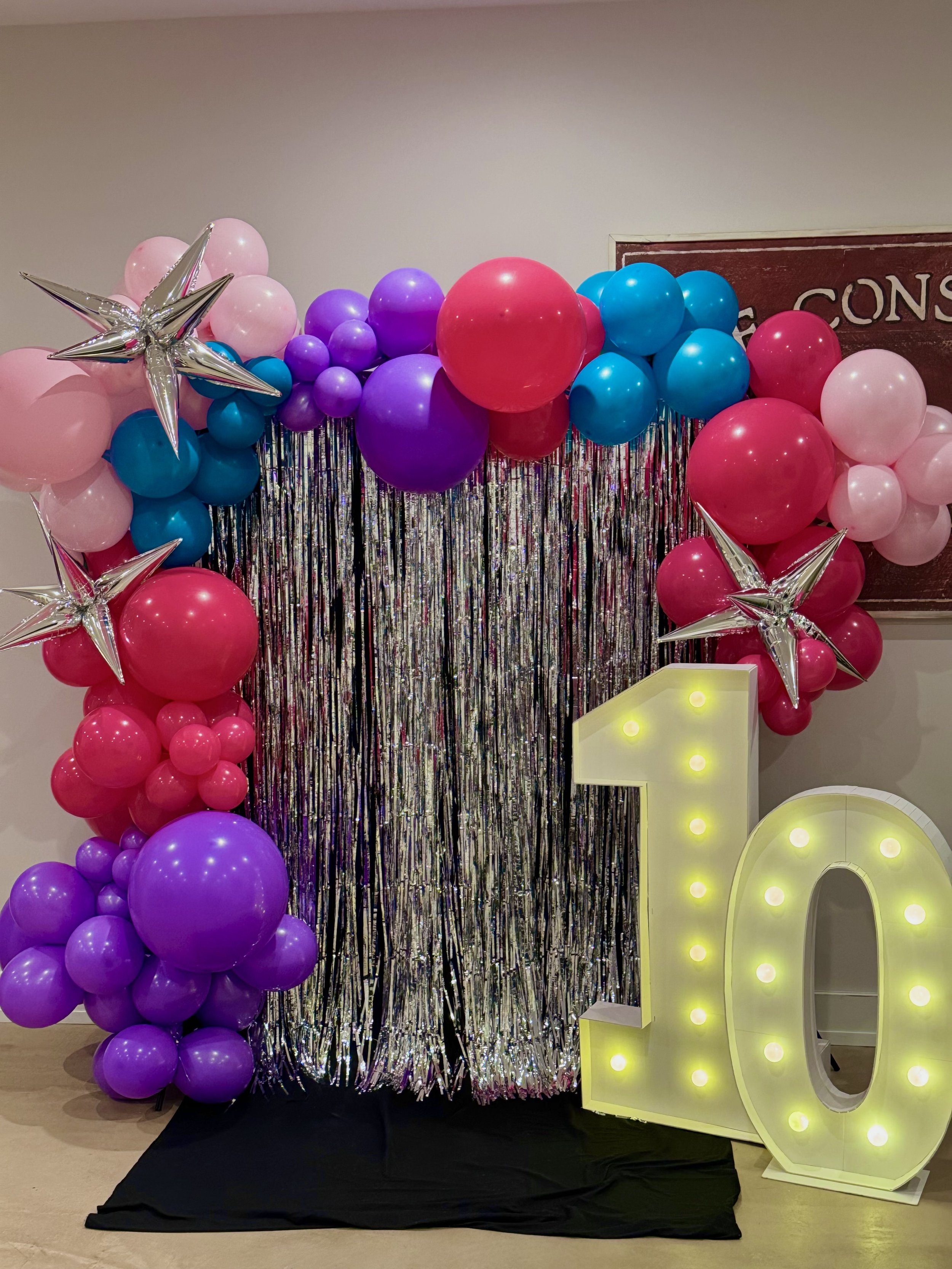 Girls Birthday Metallic Balloon Backdrop with pink purple and blue balloons in NJ