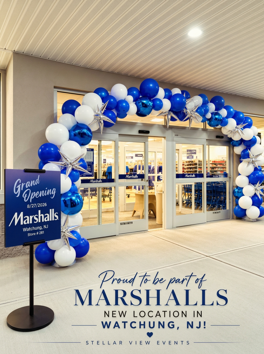 Blue and white balloon arch with silver star accents for Marshalls grand opening in Watchung, NJ, by Stellar View Events.