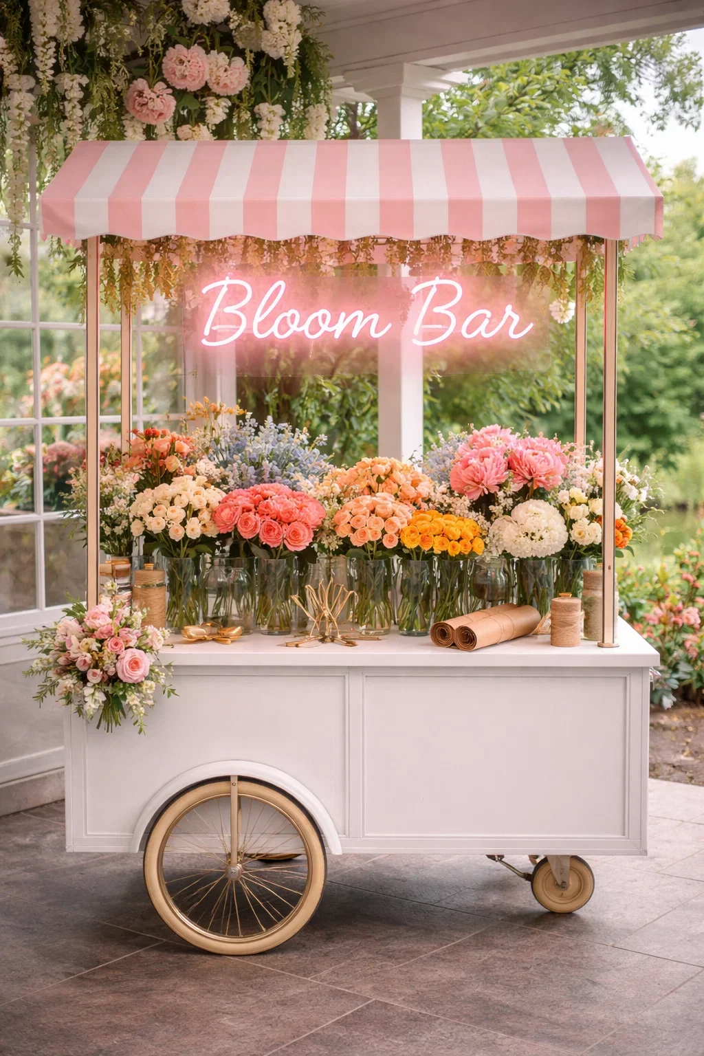 A white flower cart with a pink and white striped canopy, decorated with various colorful flowers, and a pink neon sign that reads 'Bloom Bar' in a garden setting.