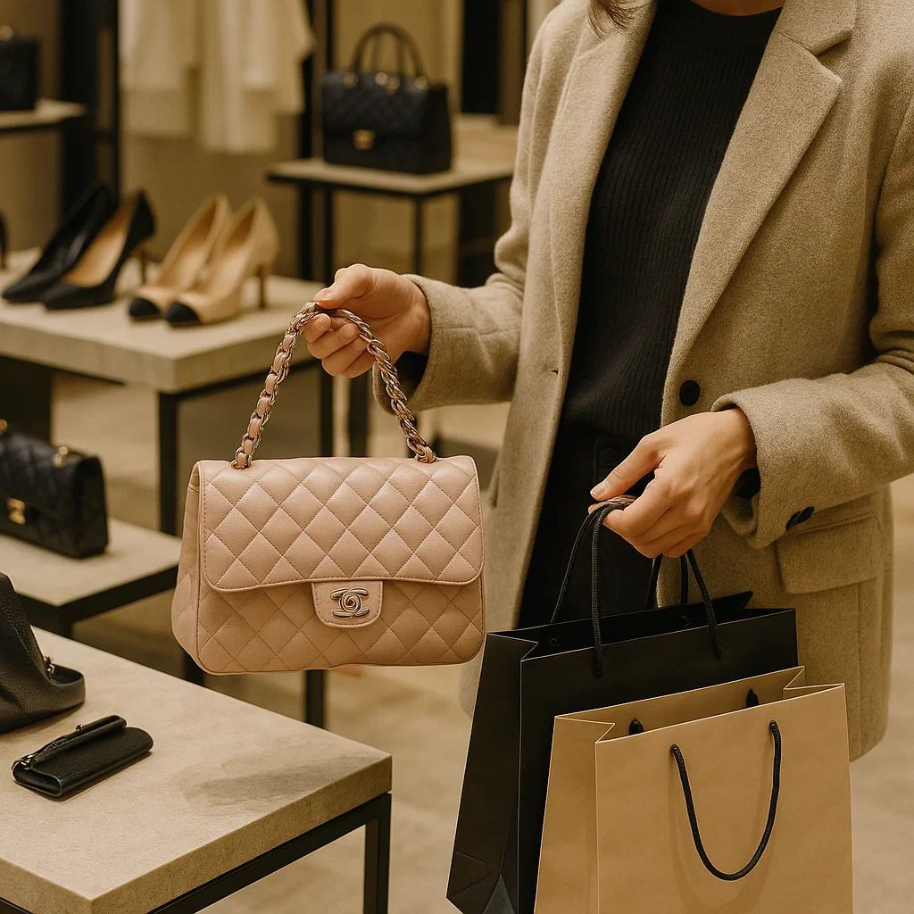 Person in beige coat holding a pink quilted handbag with a chain strap and shopping bags in a high-end boutique.