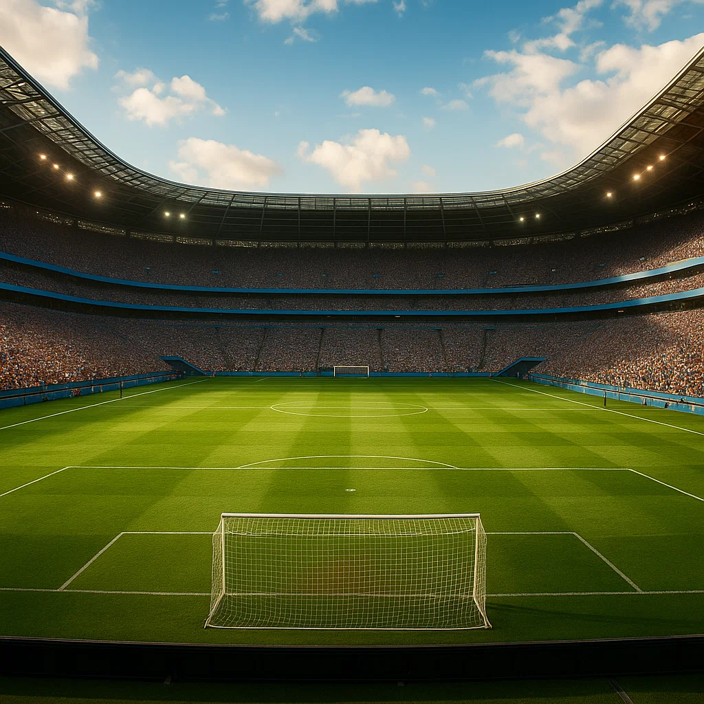 A large empty soccer stadium with a well-maintained grass field, goalposts, and a packed crowd under a partly cloudy sky.