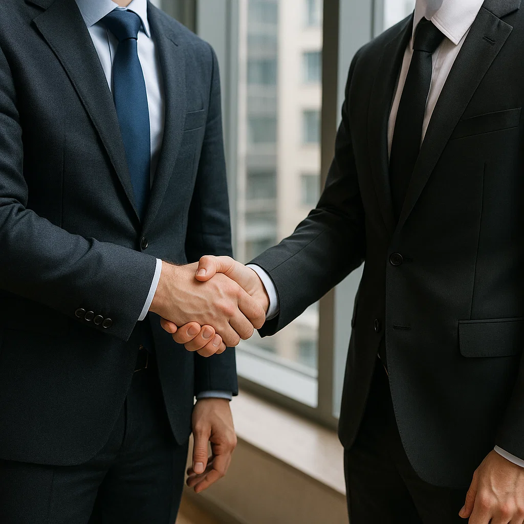 Two men in black suits shaking hands in a modern office with large windows.