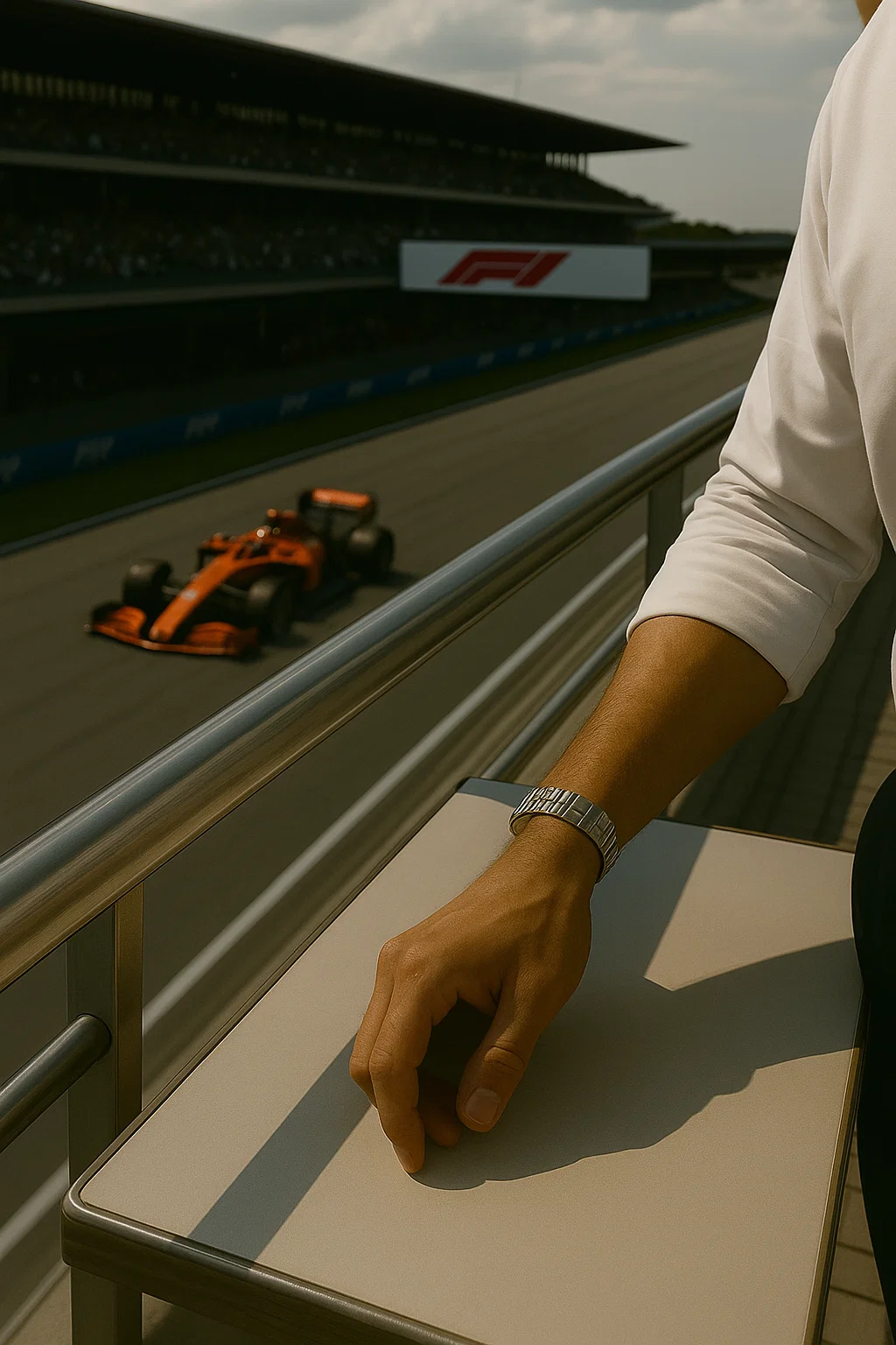 A person leaning on a table at a race track, watching a Formula 1 car drive past on the track with a large F1 sign in the background.