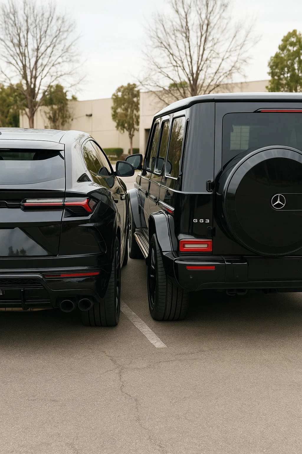 A black luxury SUV and a black Mercedes G63 SUV are parked very close, with their front bumpers almost touching in a parking lot.