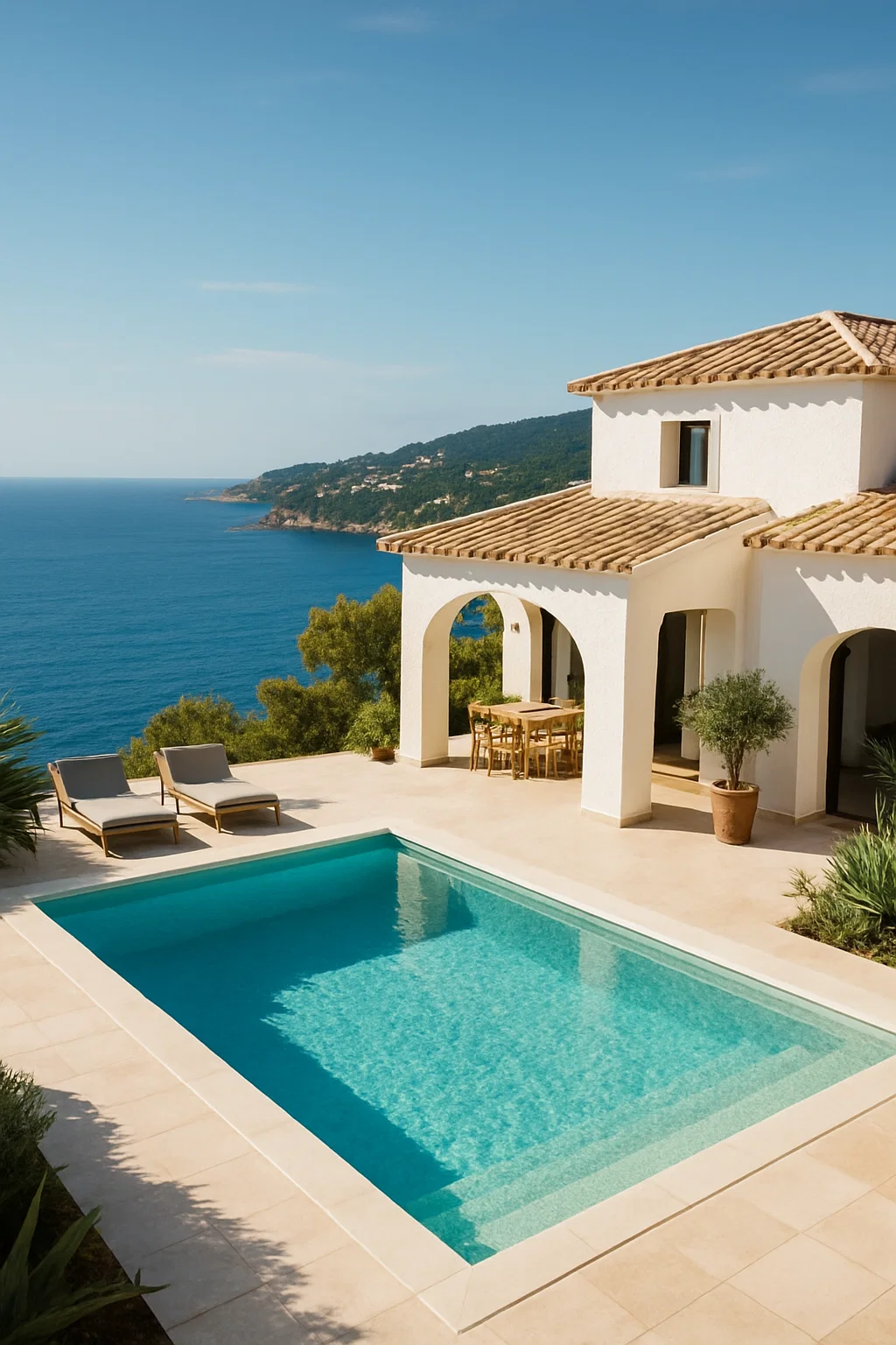 A scenic view of a white villa with a terracotta roof, a swimming pool, and a dining area on a patio overlooking the ocean and green hills.