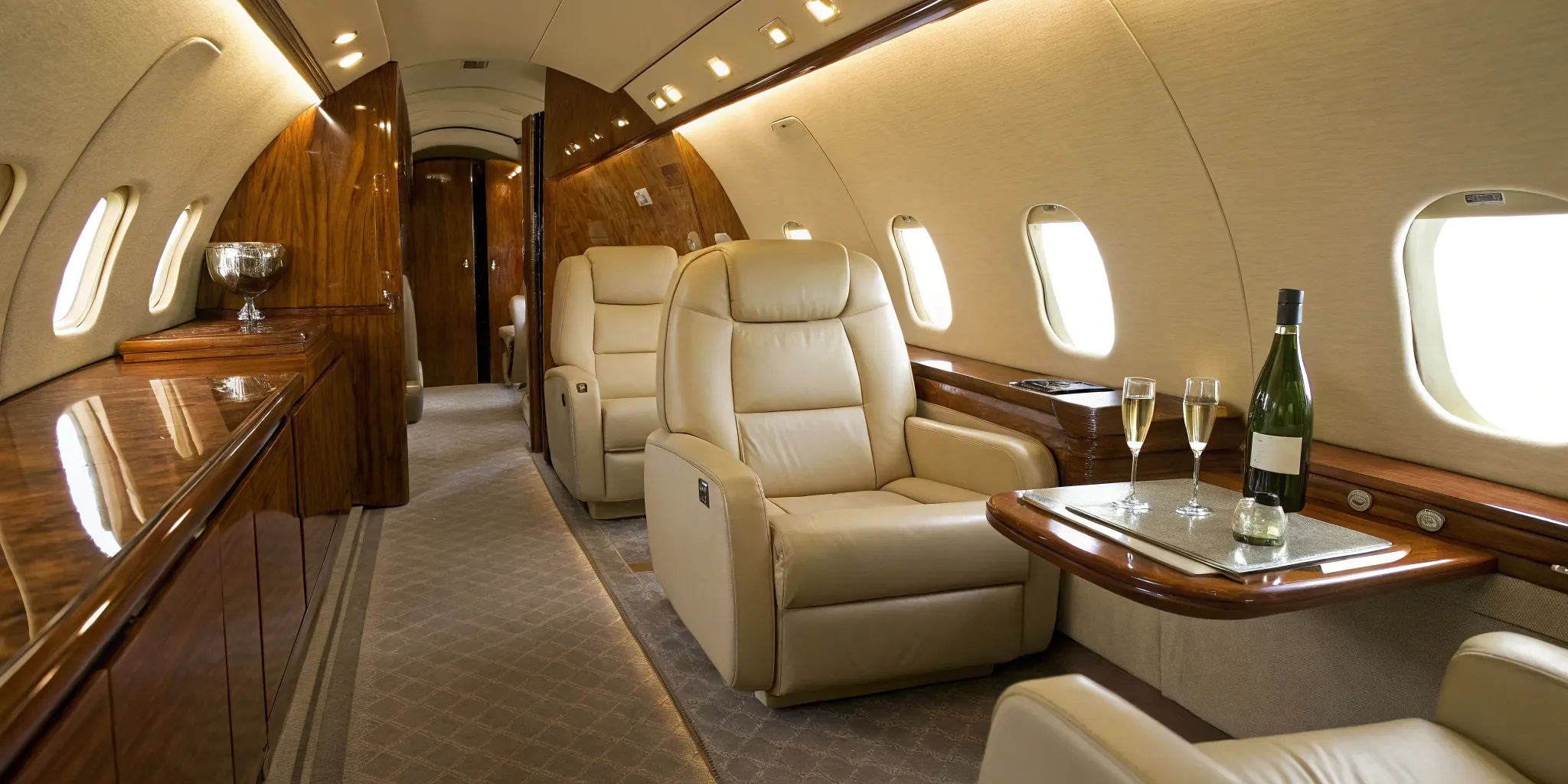 Interior of a private jet with beige leather seats, wooden panels, and windows along the side. A tray with a bottle of champagne and two glasses is on a table.