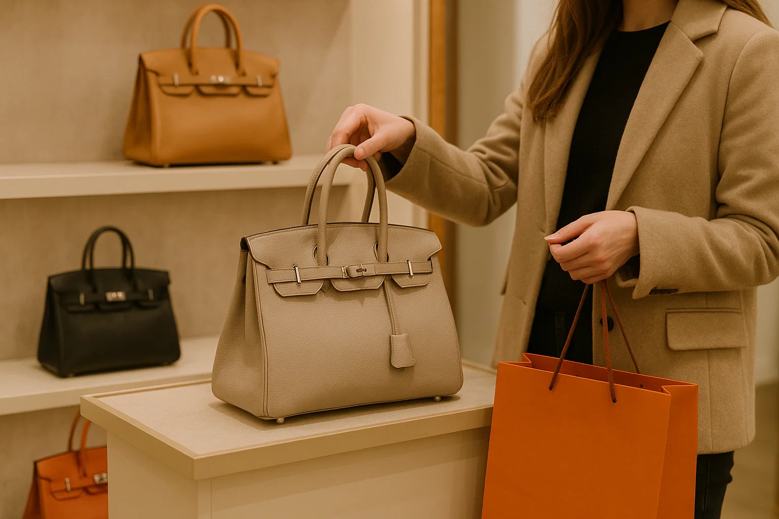 Person shopping for handbags in a store, holding a beige handbag with a shopping bag, with other handbags on display on shelves in the background.