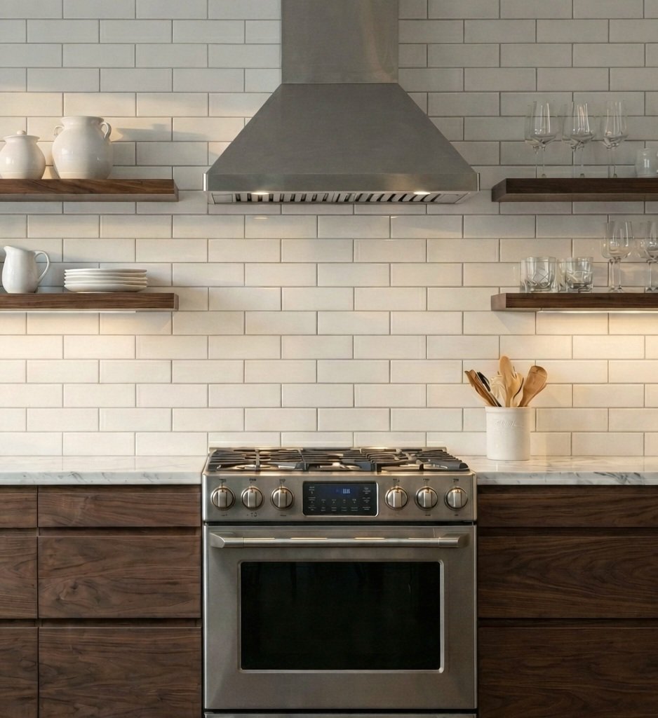 Rendering of feature wall with custom floating shelves.