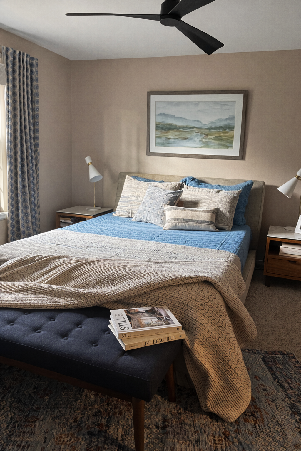 A calming color palette and clean lines, provides a quiet respit for this busy divorced dad of two.