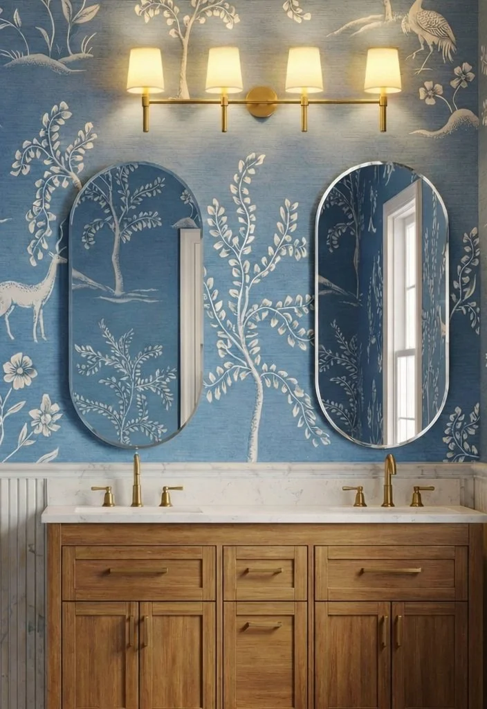 Lively wallpaper, modern mirrors and fluted marble add a modern twist to this farm house primary bathroom design rendering.
