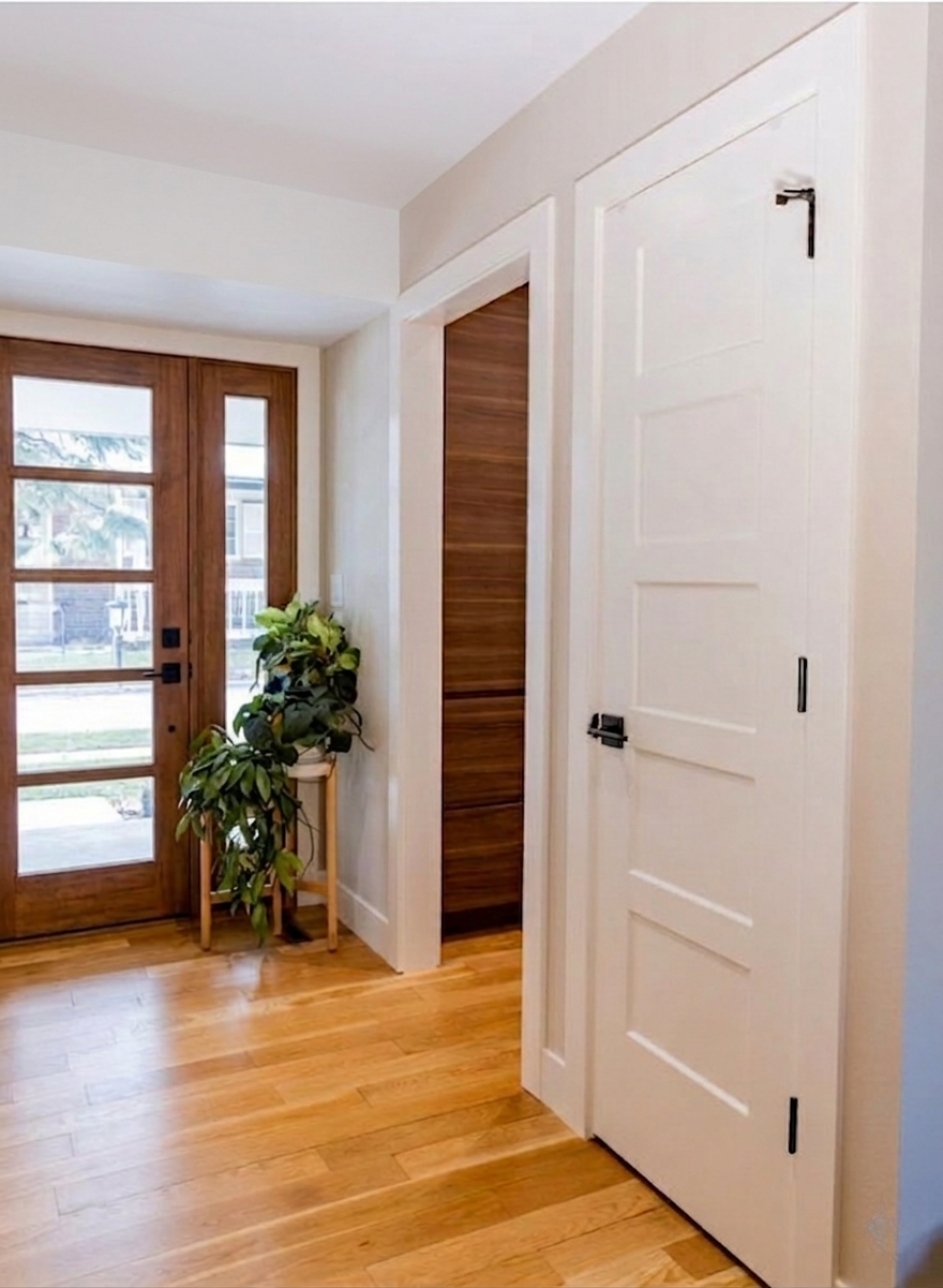 Mid century modern wood door style adds light to dark, small entryway in this Littleton, CO townhome.