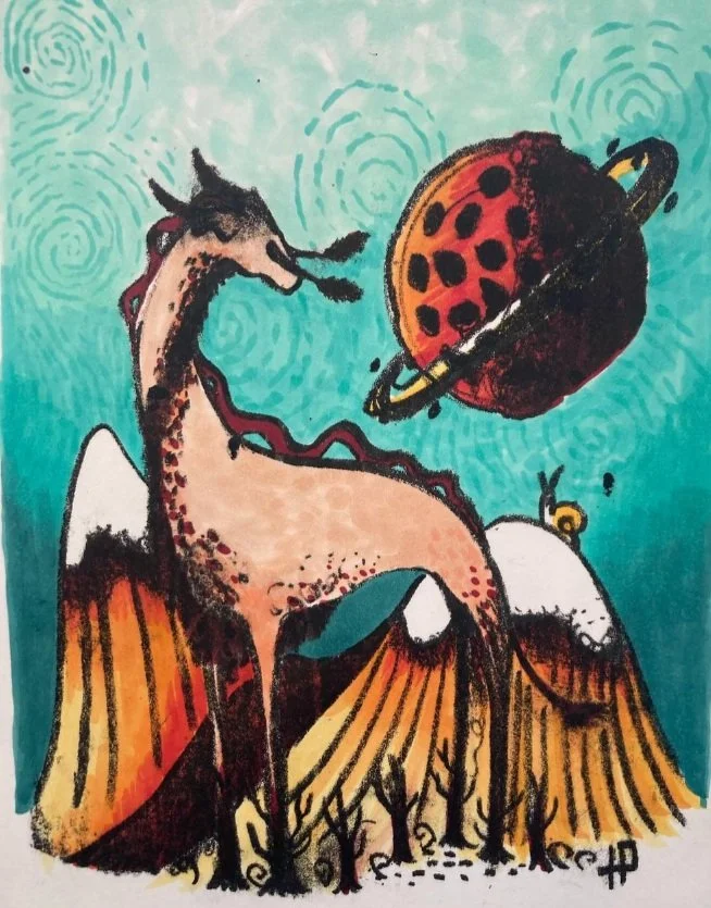 A Swirly Night - Mixed media: Litho print with alcohol markers