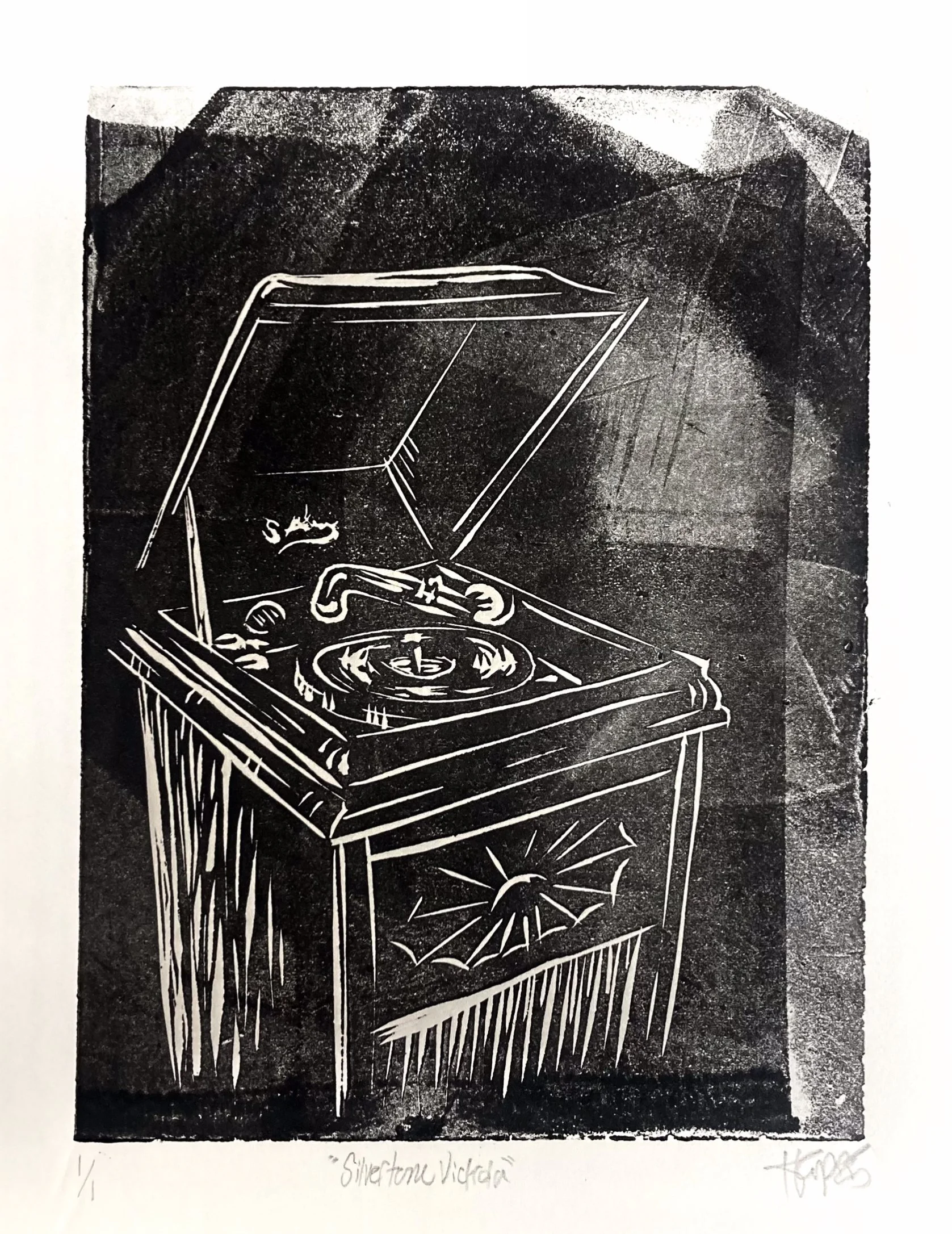 Victrola - Linocut block print