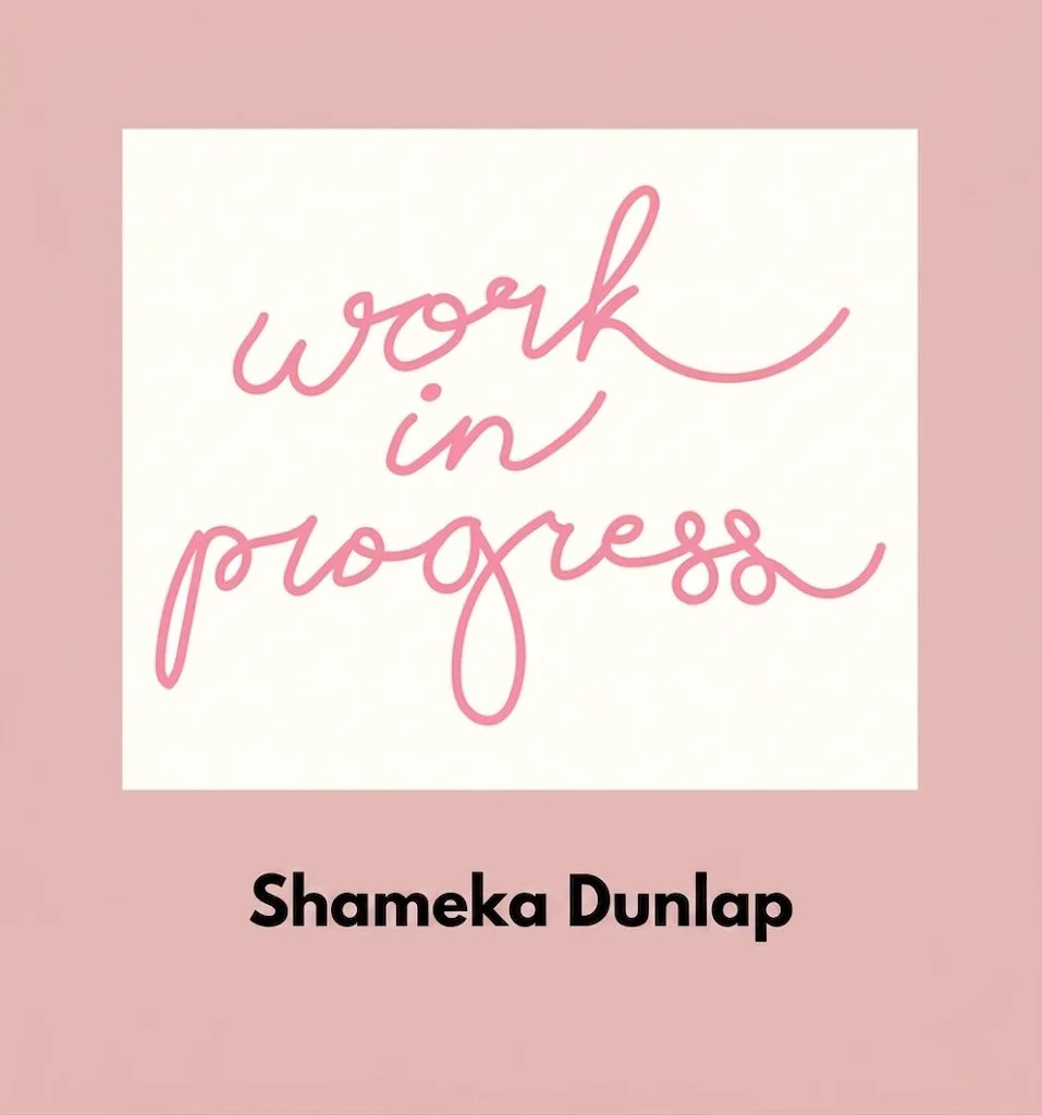 Book cover with pink background, white rectangle with pink cursive text saying 'work in progress,' and author name 'Shaniqua Lee' in bold black text at the bottom.