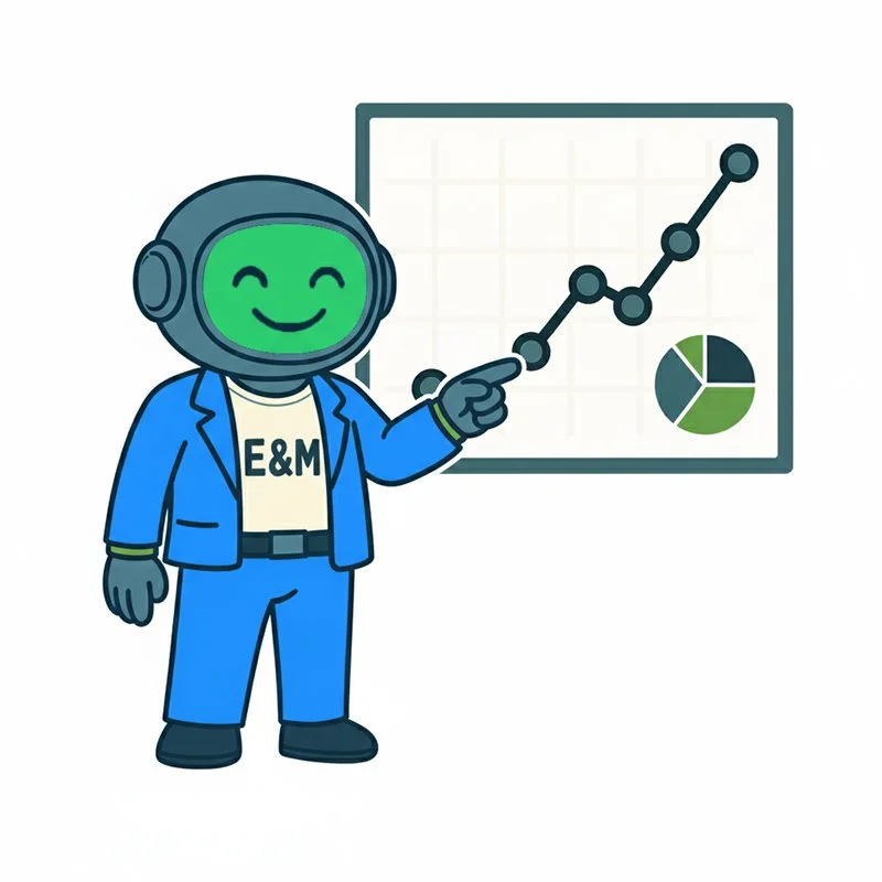 Cartoon character with a robot head and a suit, pointing towards various business and data analysis pie charts and line graphs.