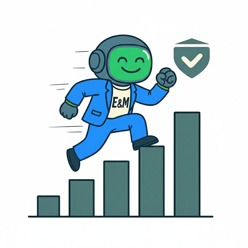 A cartoon mascot with a headset and a suit, smiling and lifting one foot on ascending bar graphs. The background features health and medicine icons, including hearts, crosses, shields, graphs, gears, and molecular structures.