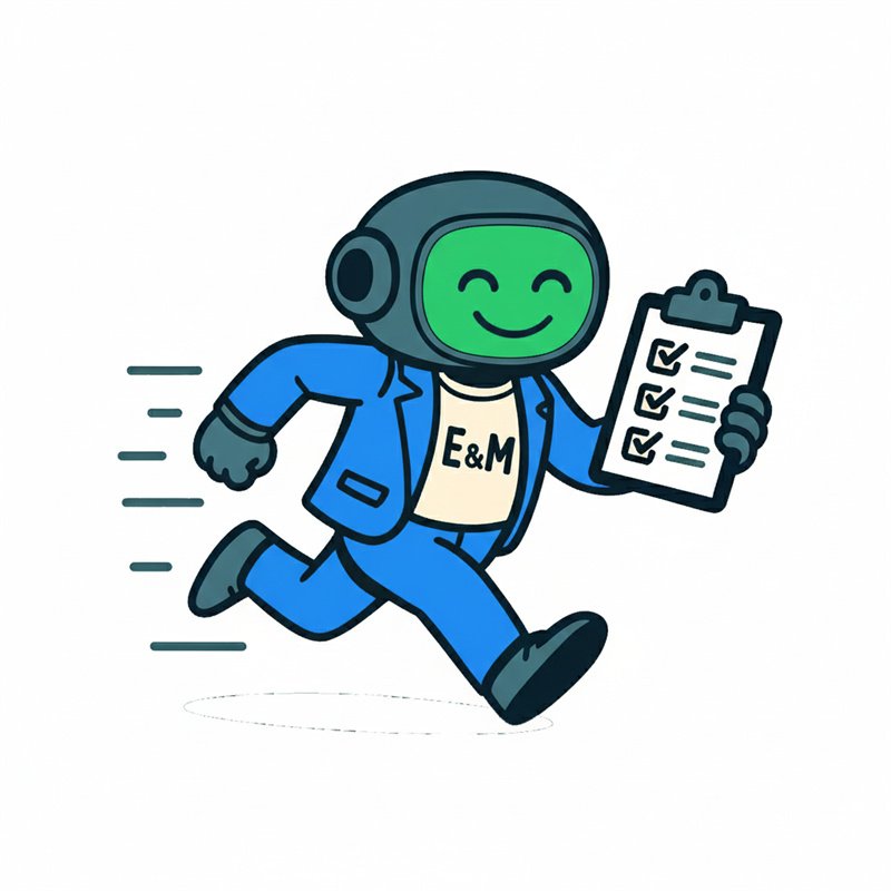 A happy robot with a clipboard running, surrounded by icons representing growth, pie charts, people, hearts, location, and teamwork.