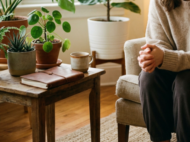 Adult receiving compassionate OCD therapy in a comfortable counseling setting