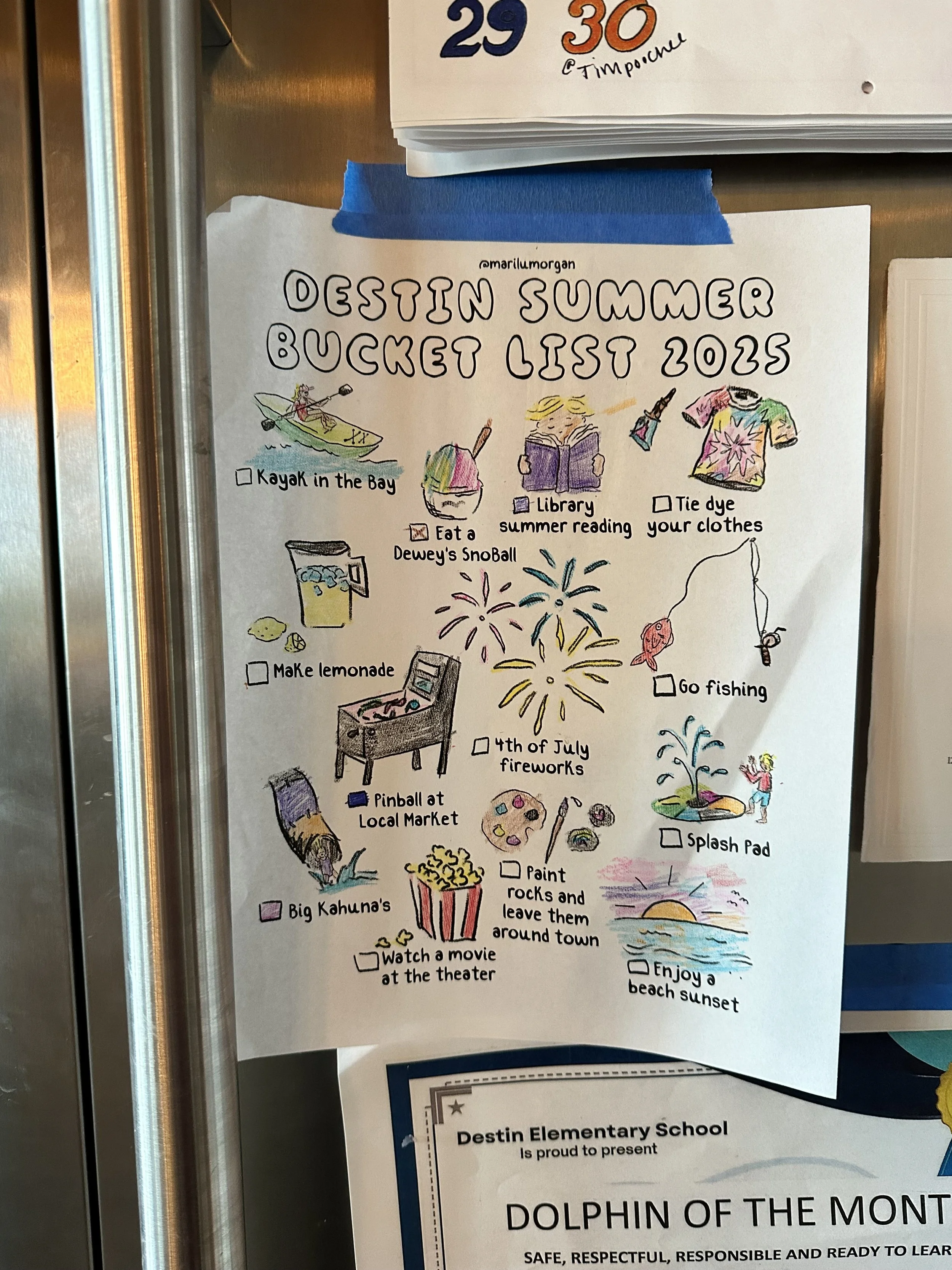 A colorful hand-drawn summer bucket list for Destin 2023, includes activities like kayaking, reading, tying dyeing clothes, eating Dewey's snoball, fishing, fireworks, going to the market, painting rocks, watching movies, and enjoying a beach sunset.