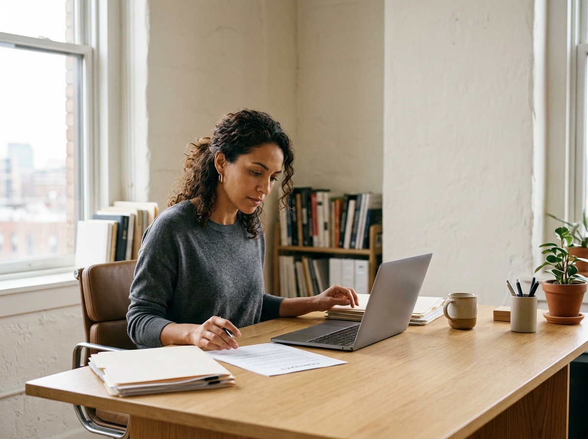 Woman sitting at a wooden desk in a bright room working on paper and a laptop