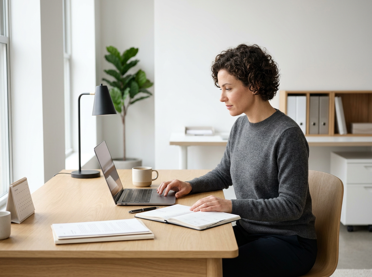 Woman working on a laptop at a desk in a modern, well-lit office or home workspace.