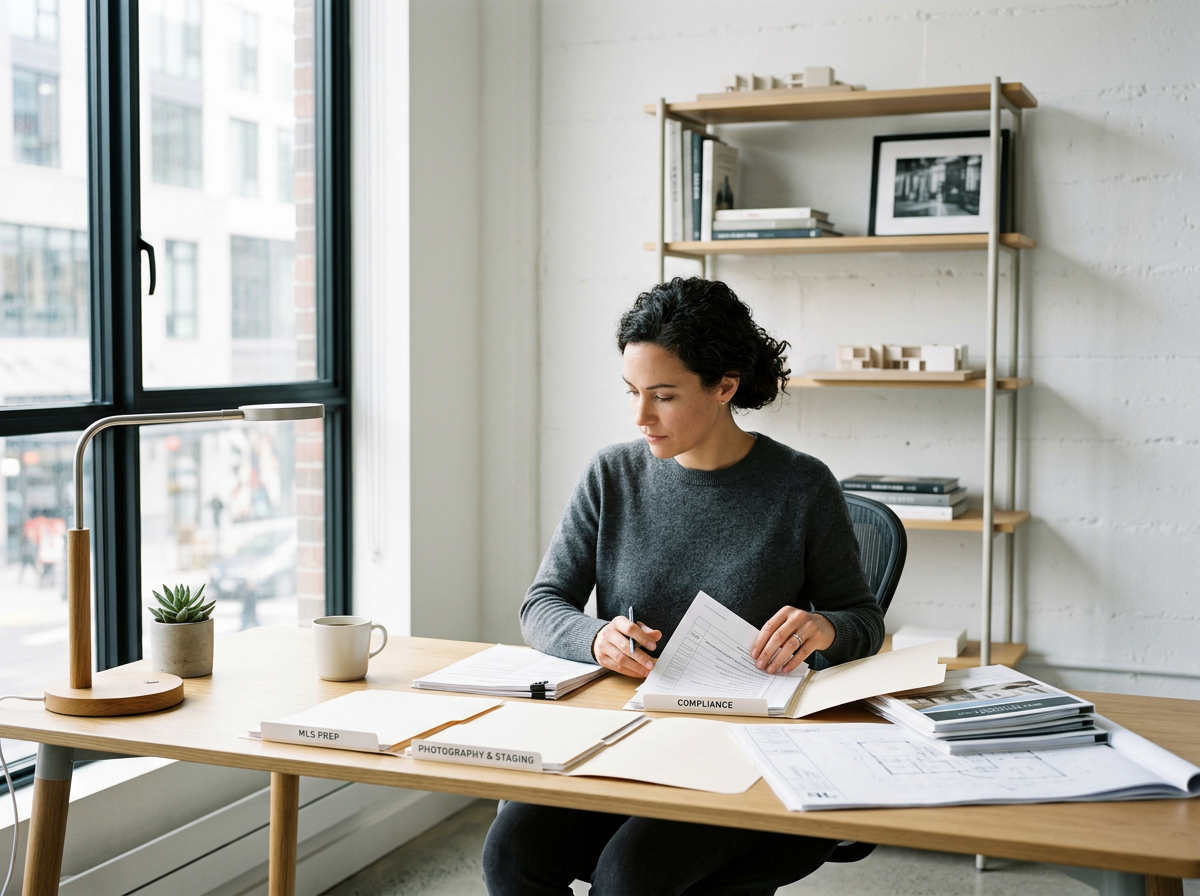 A woman sitting at a desk examining documents, with a large window to her left, a small potted plant, a coffee mug, and organized folders labeled "MLS Prep," "Photography & Staging," and "Compliance," and a shelf with books and framed pictures in the background.