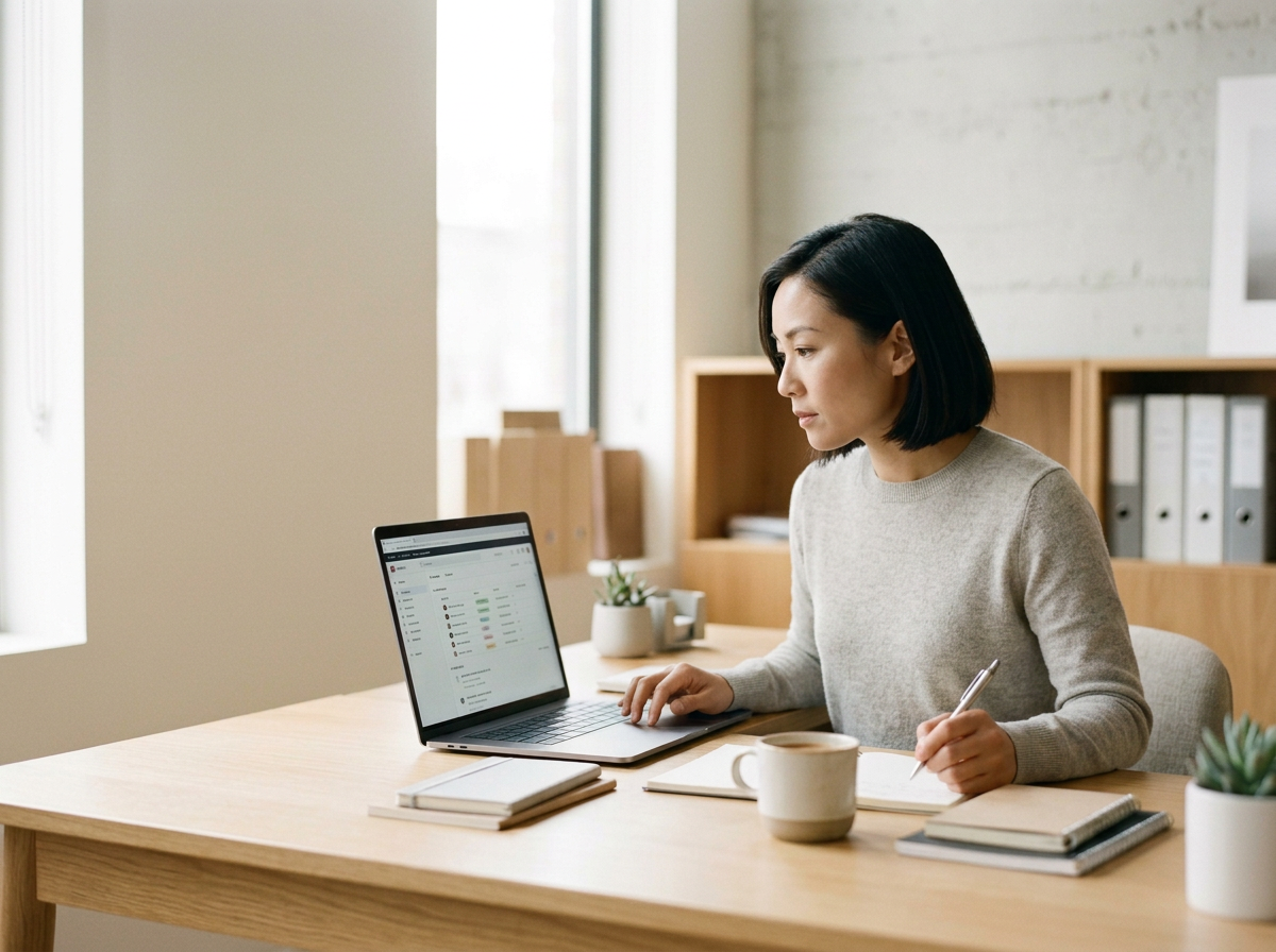 Woman working at a desk with a laptop, notebook, pen, and coffee mug in a bright office.