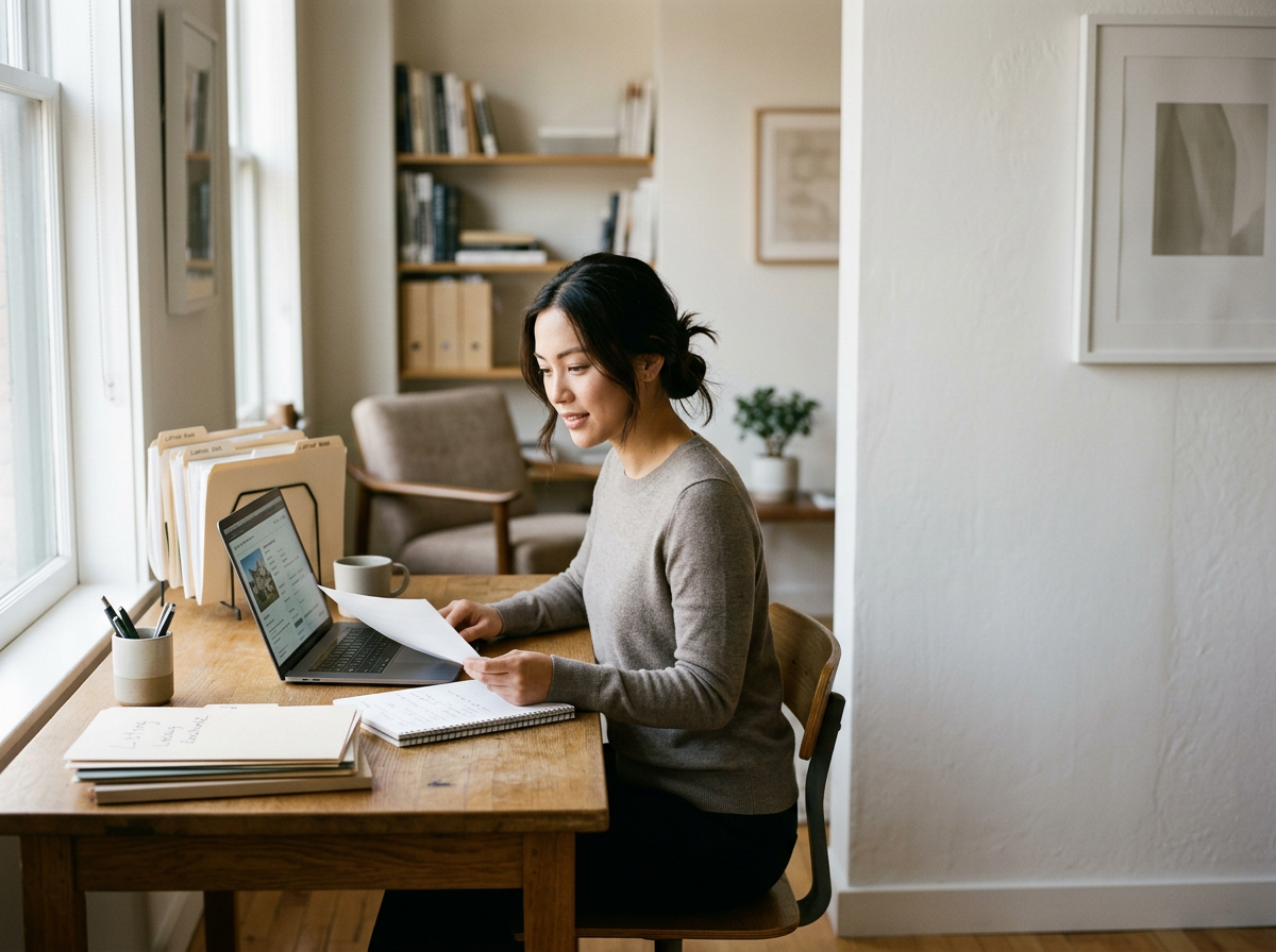 A woman working at a desk with a laptop, papers, notebooks, and a coffee mug in a home office with natural light, bookshelves, and framed pictures on the wall.