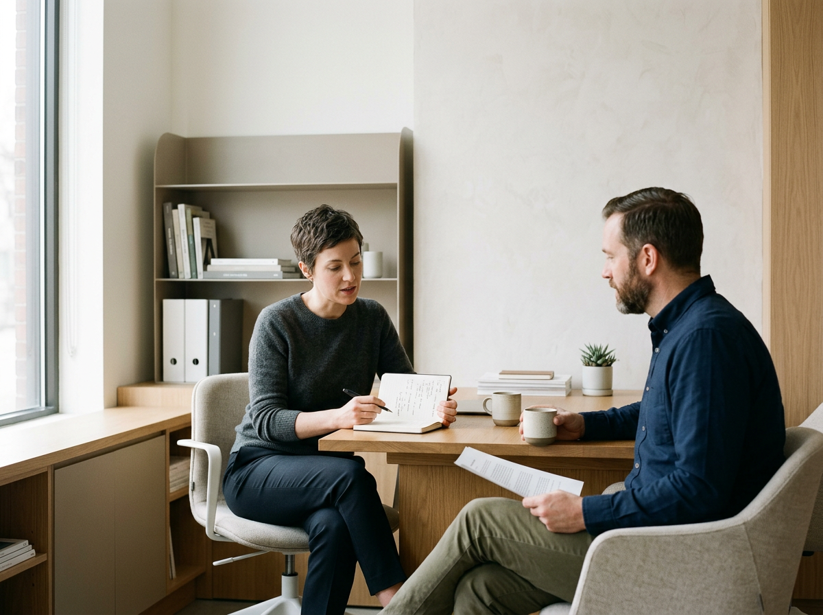 Two people sitting at a wooden table in an office, having a conversation. The woman on the left is holding a notebook and pen, the man on the right has a piece of paper. There are cups of coffee, a small potted plant, and a bookshelf with books and binders in the background.