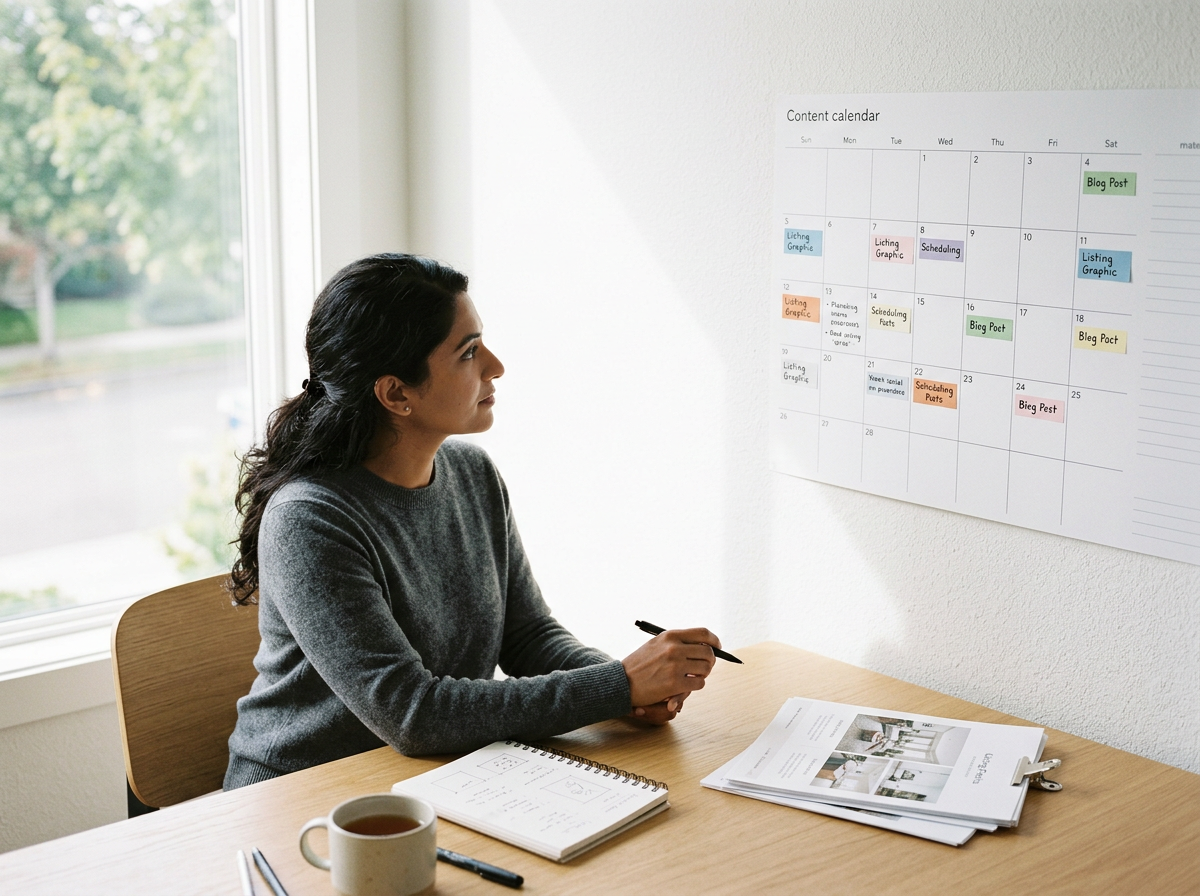 A woman with dark hair tied back sits at a wooden desk near a window, holding a pen. On the desk are a notebook, some papers, a cup of coffee, and a pen. A large wall calendar with colored sticky notes is on the white wall in front of her.